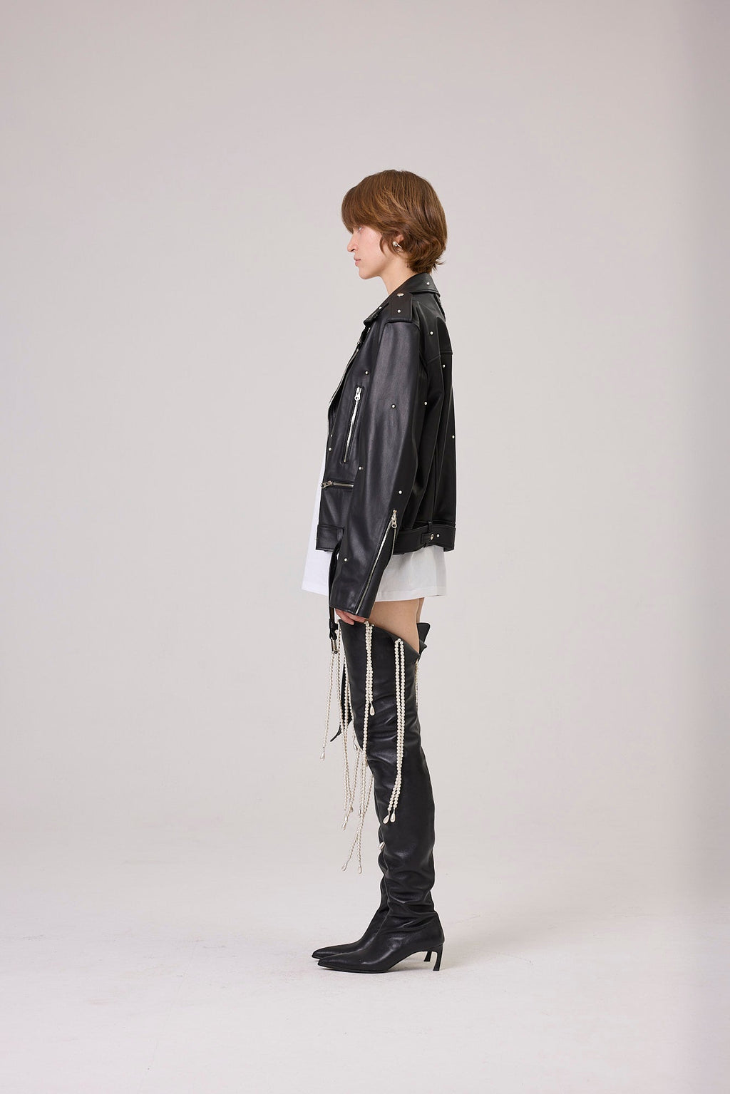 Kimhe Kim - Pearl Embellished Leather Biker Jacket (Black) product image 3 | TRAB K-Fashion Australia