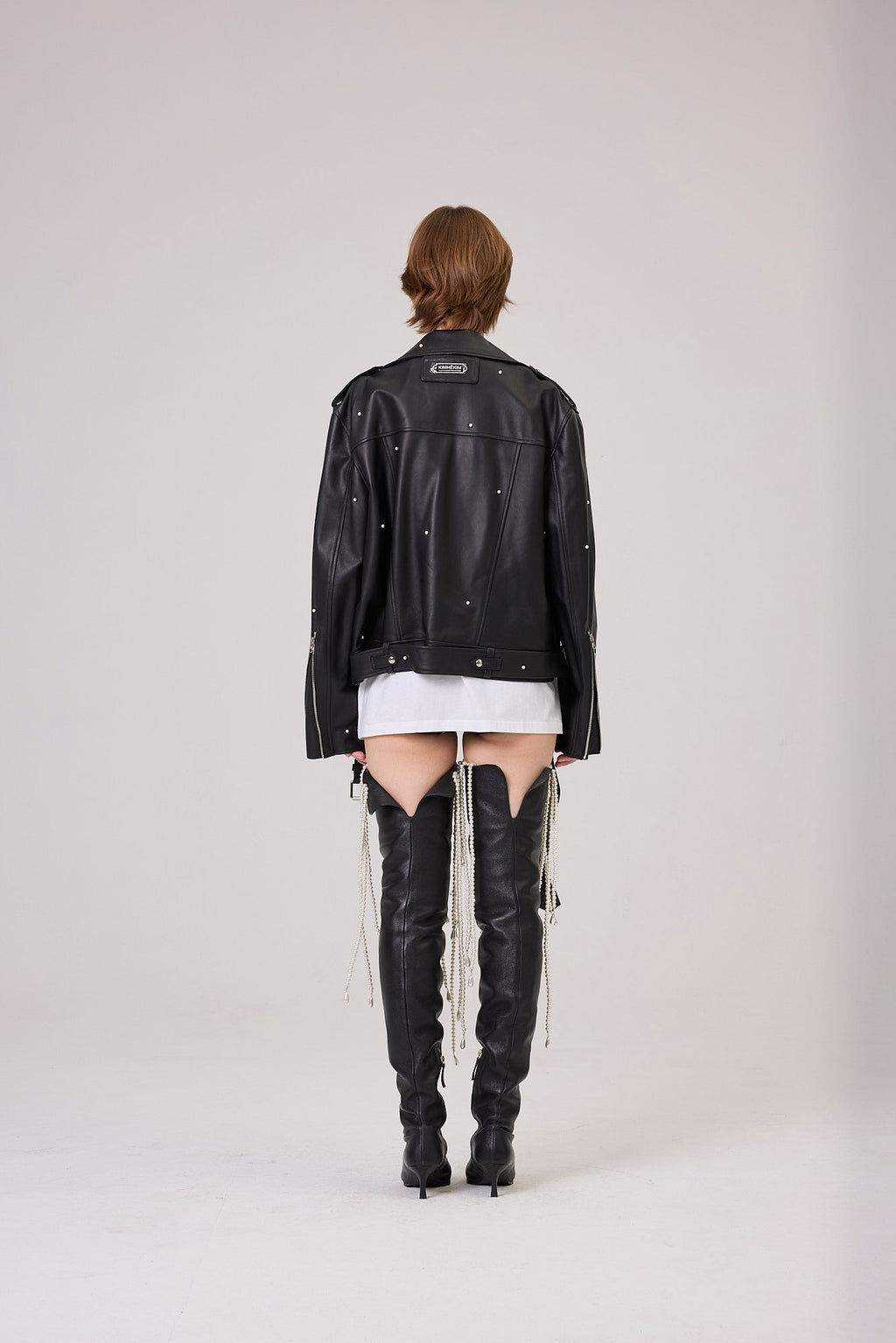 Kimhe Kim - Pearl Embellished Leather Biker Jacket (Black) product image 4 | TRAB K-Fashion Australia