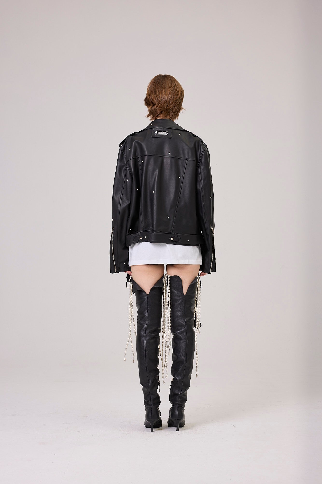 Kimhe Kim - Pearl Embellished Leather Biker Jacket (Black) product image 4 | TRAB K-Fashion Australia
