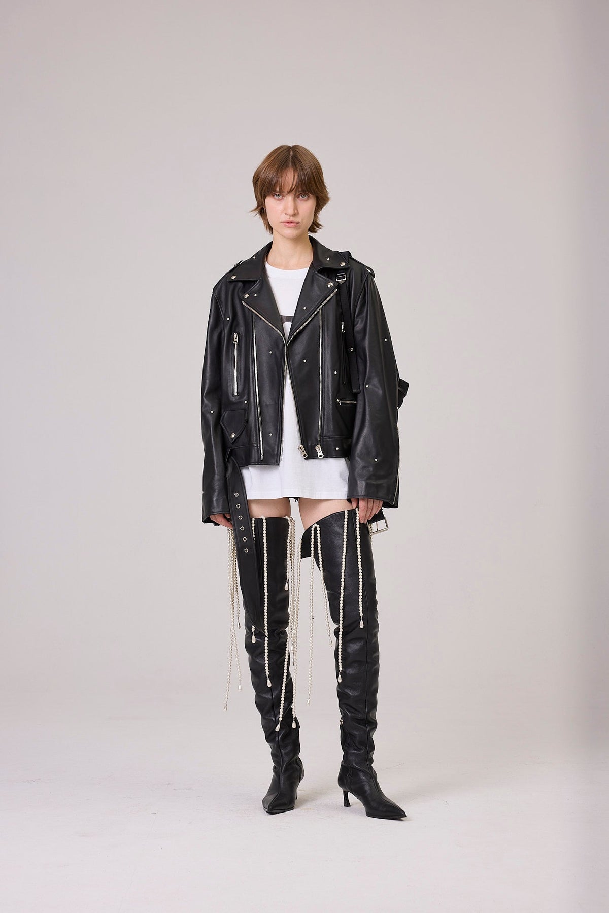 Kimhe Kim - Pearl Embellished Leather Biker Jacket (Black) product image 1 | TRAB K-Fashion Australia