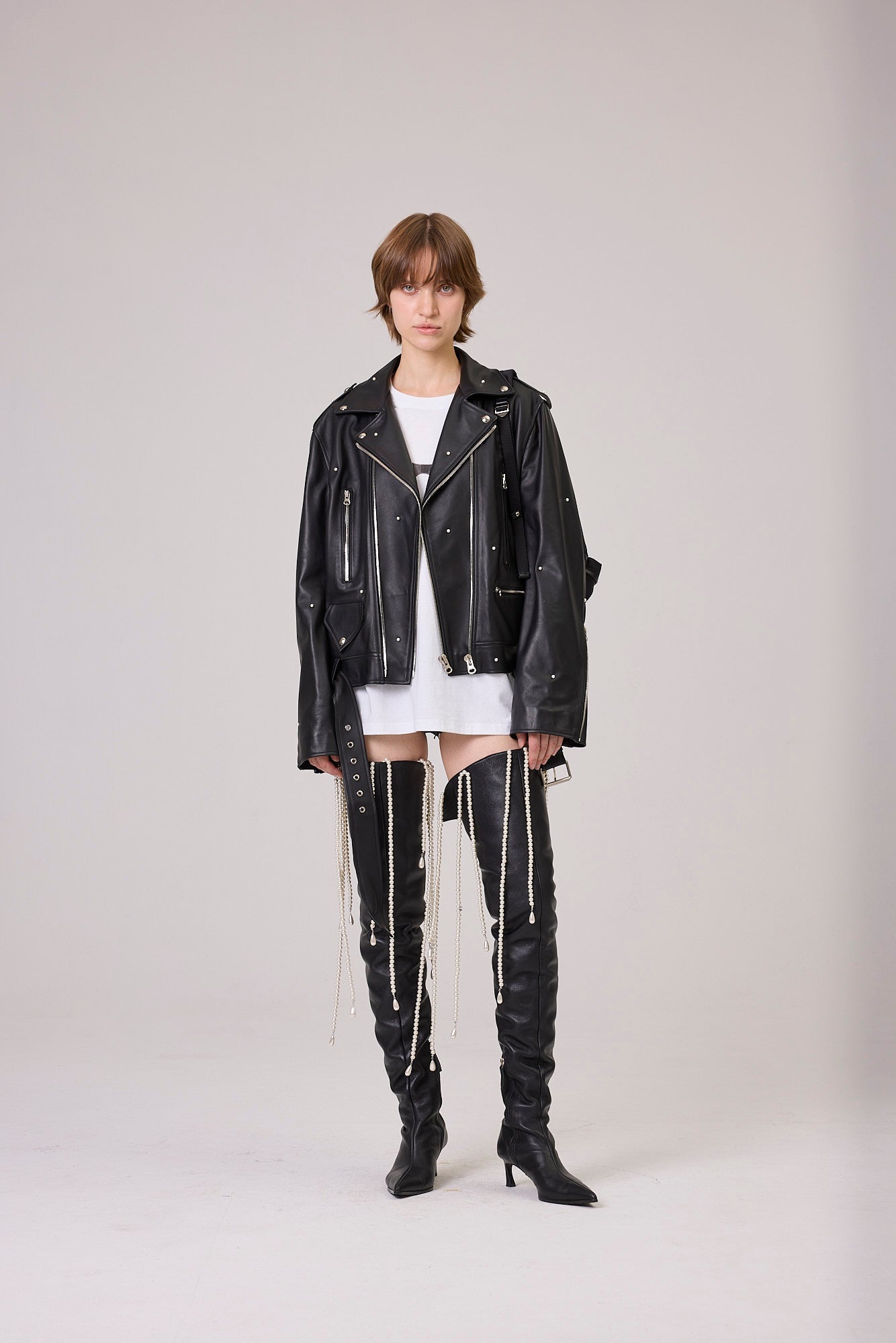 Kimhe Kim - Pearl Embellished Leather Biker Jacket (Black) product image 1 | TRAB K-Fashion Australia