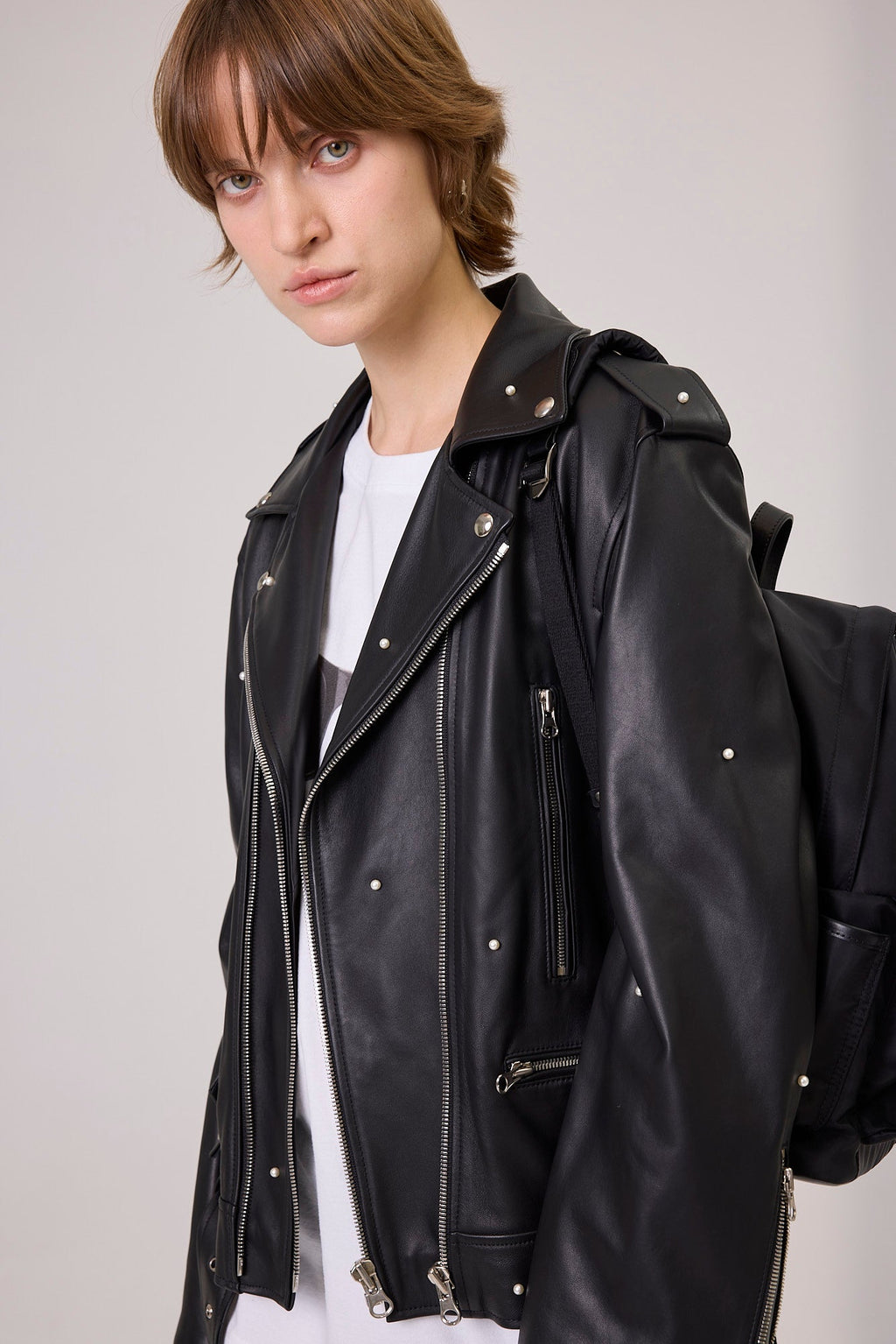Kimhe Kim - Pearl Embellished Leather Biker Jacket (Black) product image 5 | TRAB K-Fashion Australia