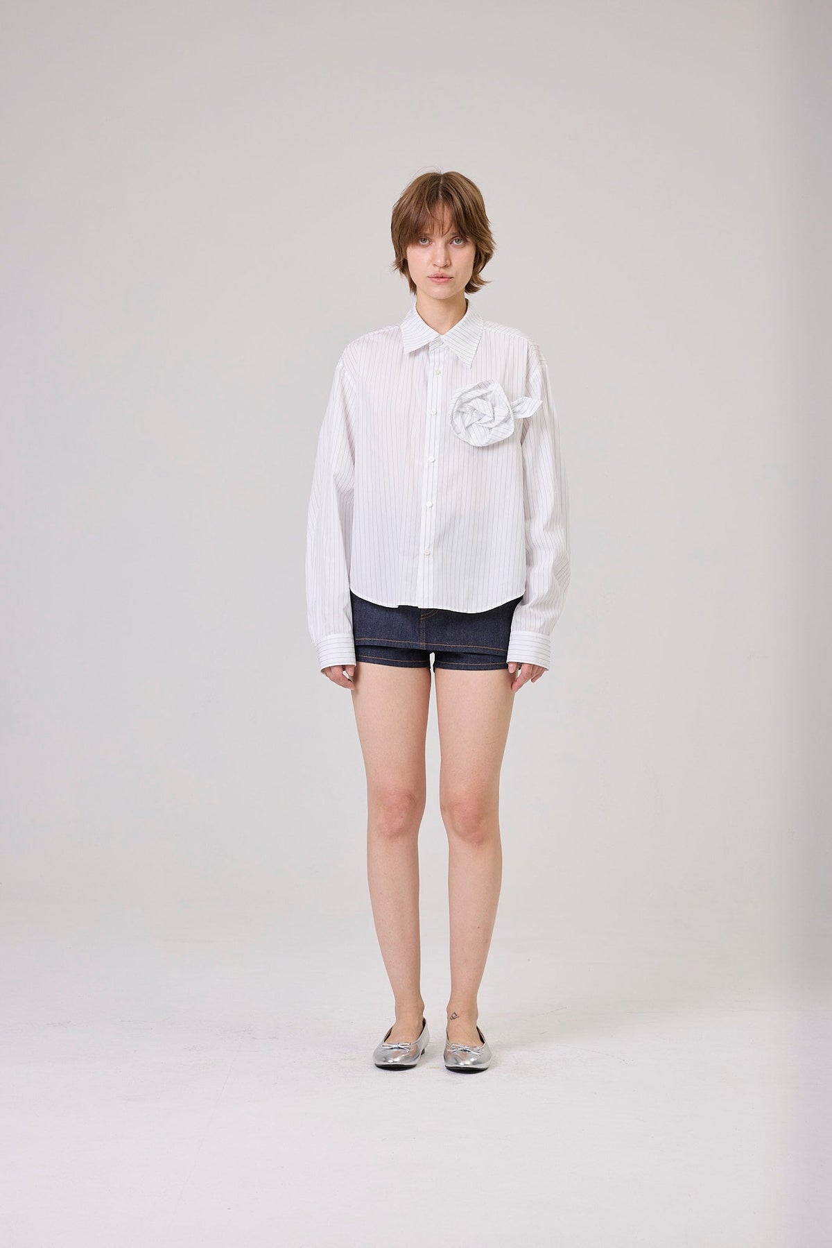 Kimhe Kim - Rose Embellished Striped Shirt (White) product image 1 | TRAB K-Fashion Australia