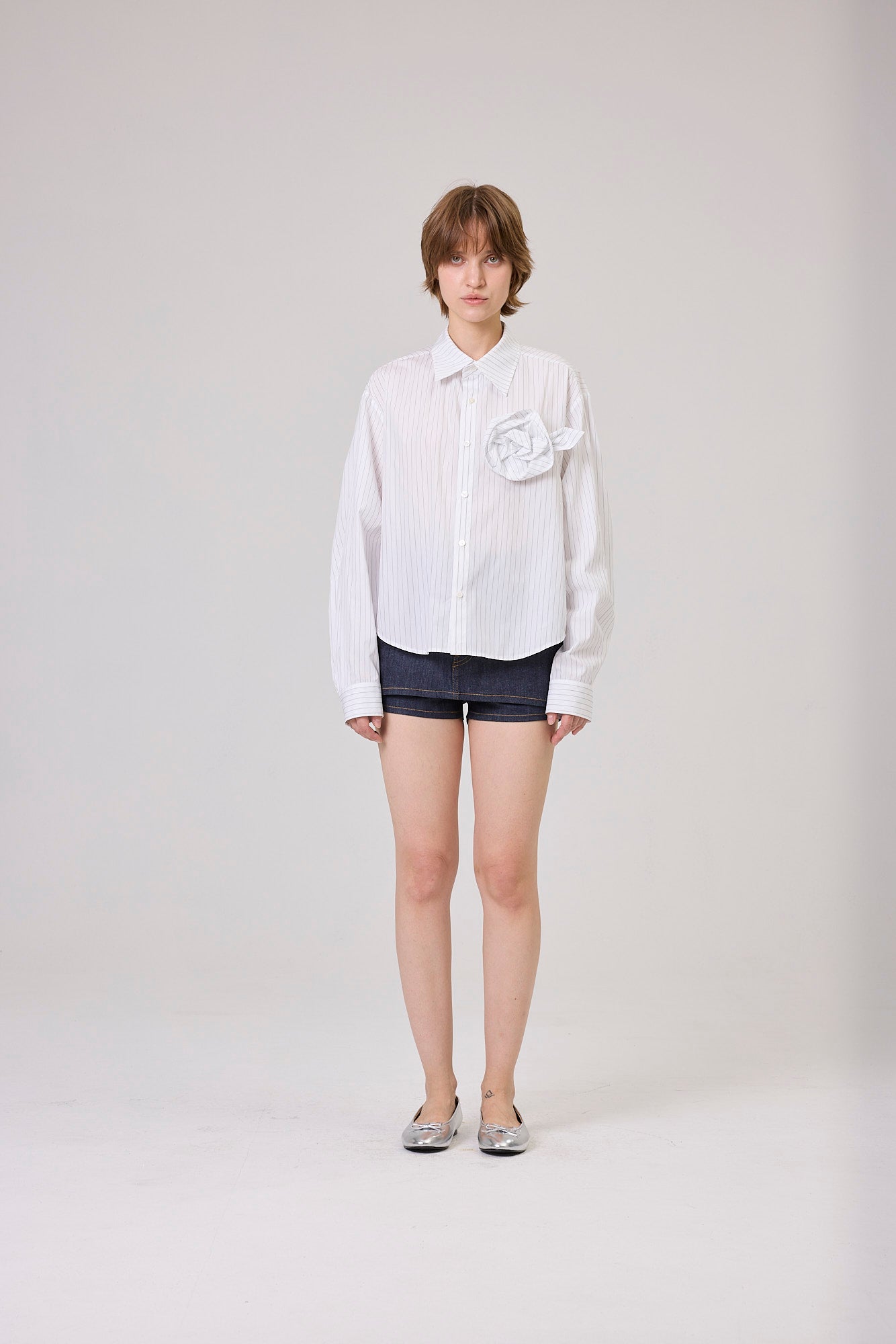 Kimhe Kim - Rose Embellished Striped Shirt (White) product image 1 | TRAB K-Fashion Australia