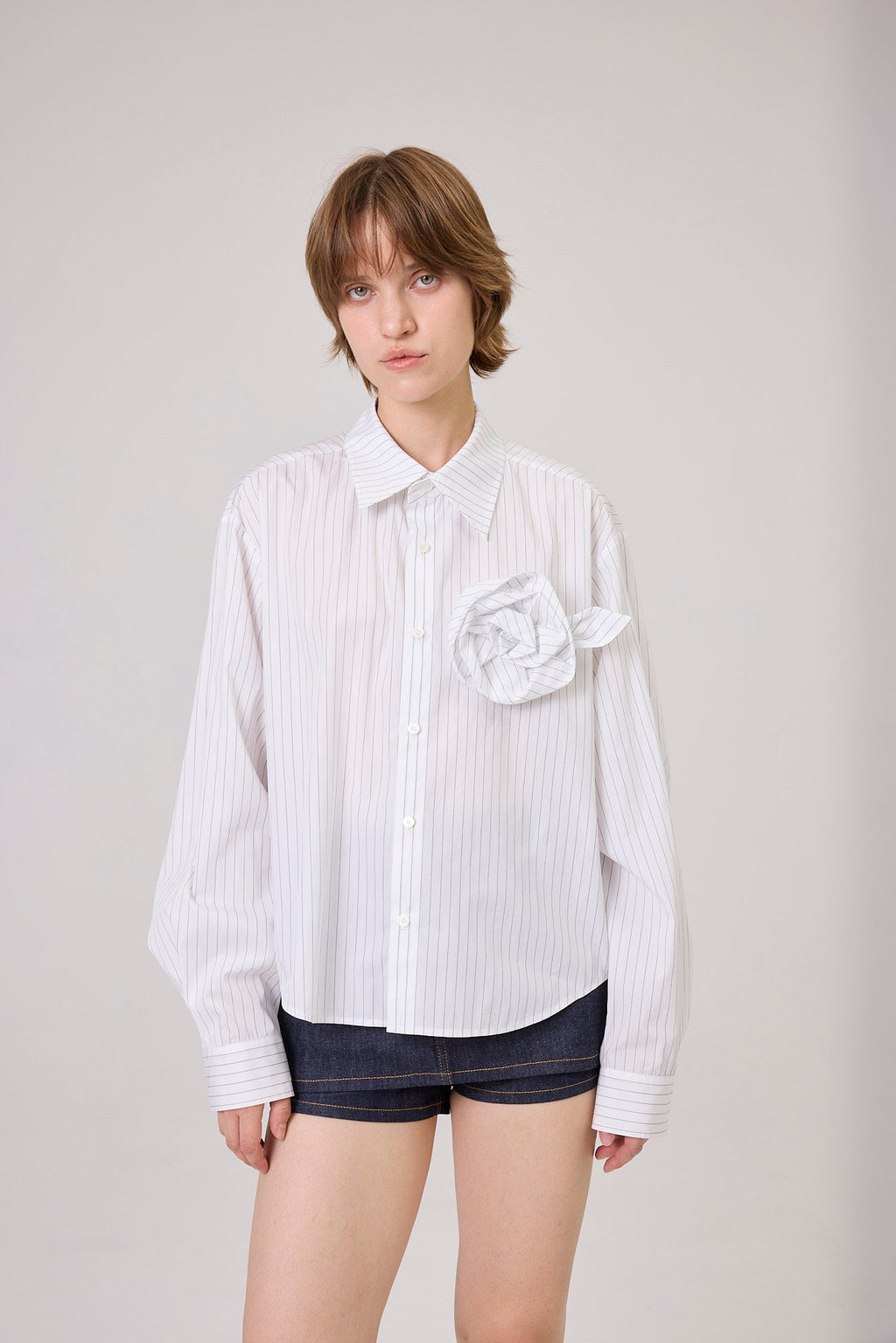 Kimhe Kim - Rose Embellished Striped Shirt (White) product image 6 | TRAB K-Fashion Australia