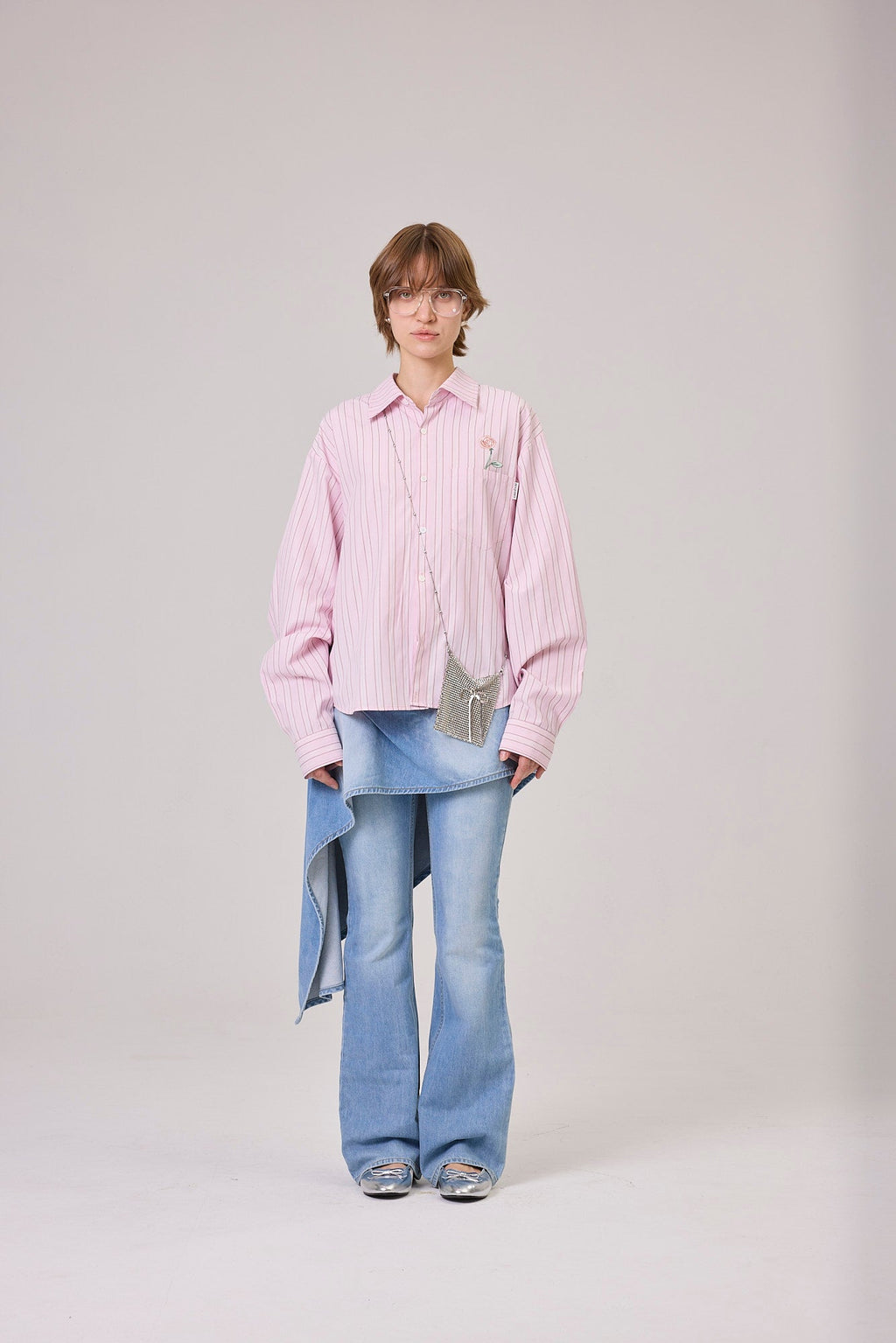Kimhe Kim - Rose Embroidered Striped Shirt (Pink) product image 1 | TRAB K-Fashion Australia