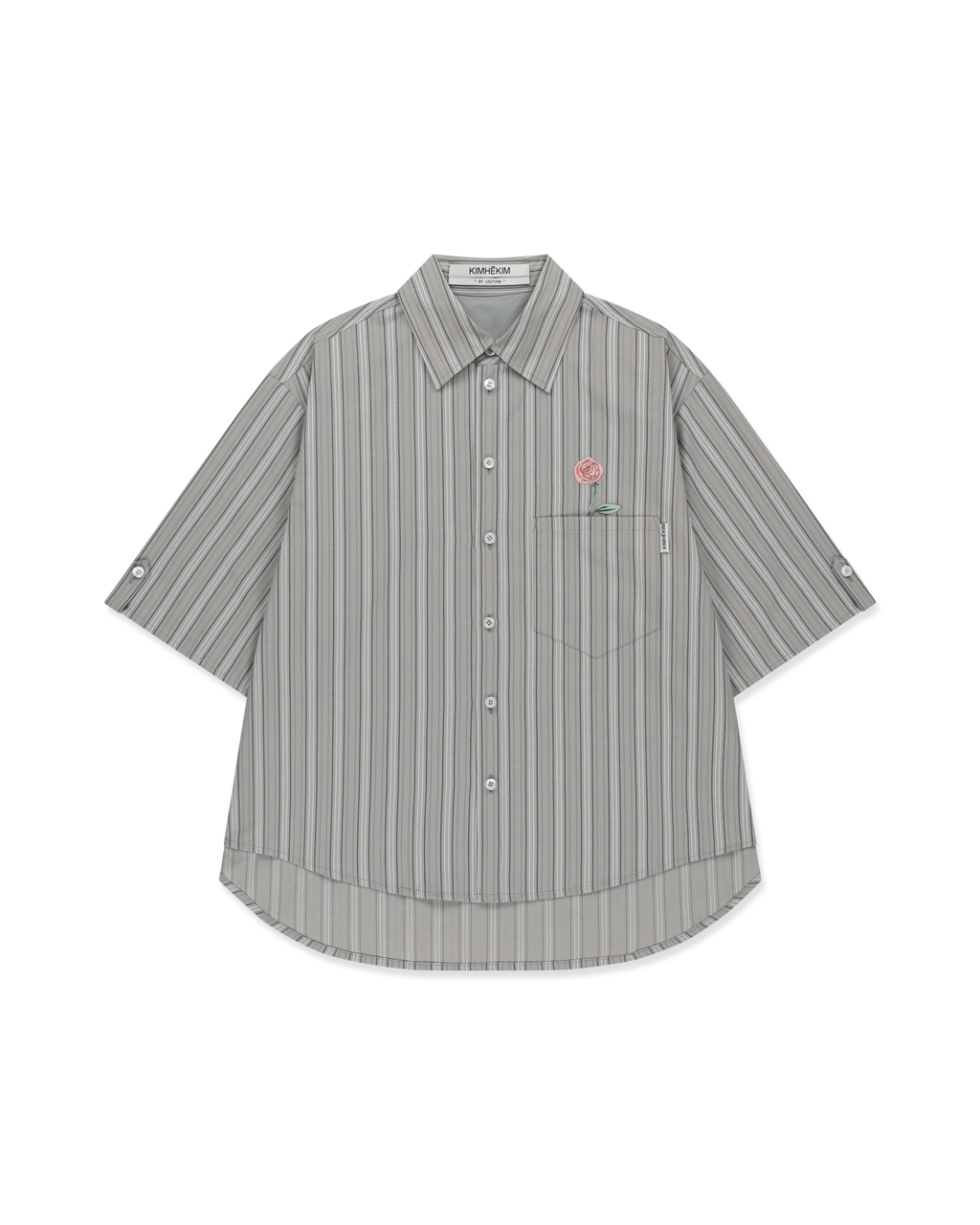 Kimhe Kim - Rose Embroidered Striped Short Sleeve Shirt (Grey) product image 1 | TRAB K-Fashion Australia