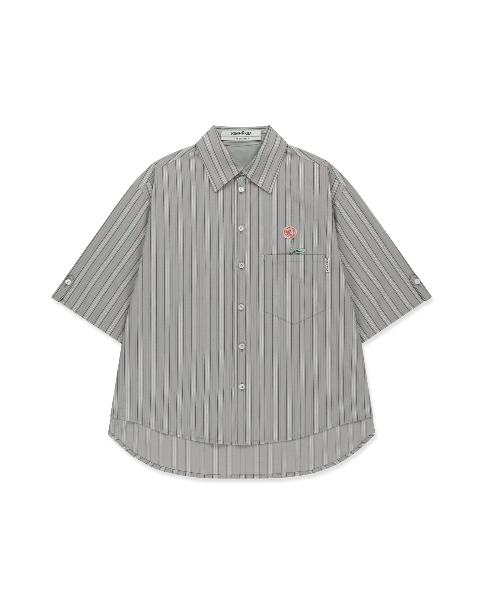 Kimhe Kim - Rose Embroidered Striped Short Sleeve Shirt (Grey) product image 1 | TRAB K-Fashion Australia