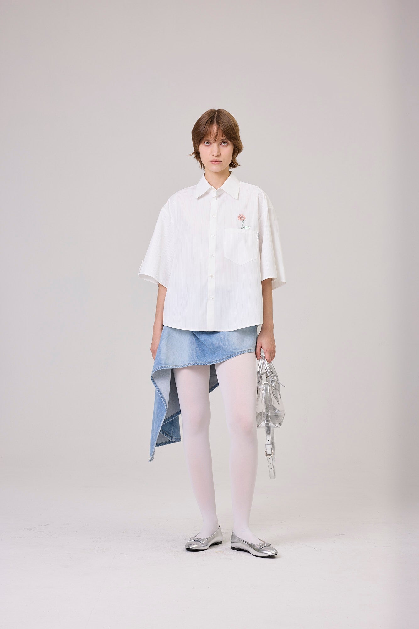 Kimhe Kim - Rose Embroidered Striped Short Sleeve Shirt (White) product image 1 | TRAB K-Fashion Australia