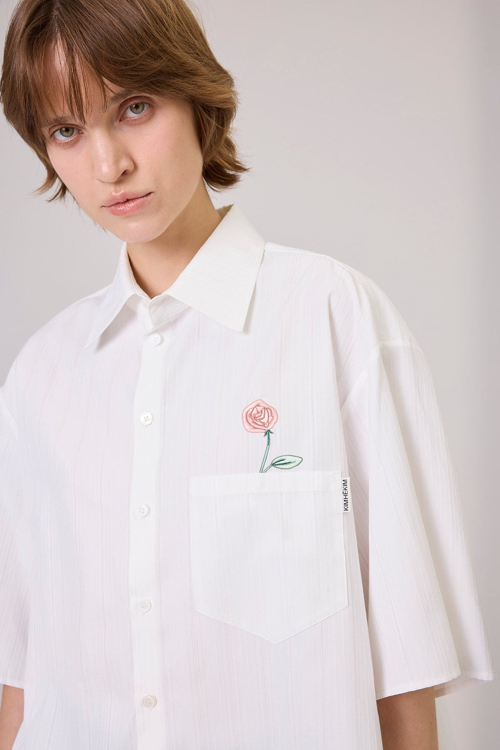 Kimhe Kim - Rose Embroidered Striped Short Sleeve Shirt (White) product image 6 | TRAB K-Fashion Australia