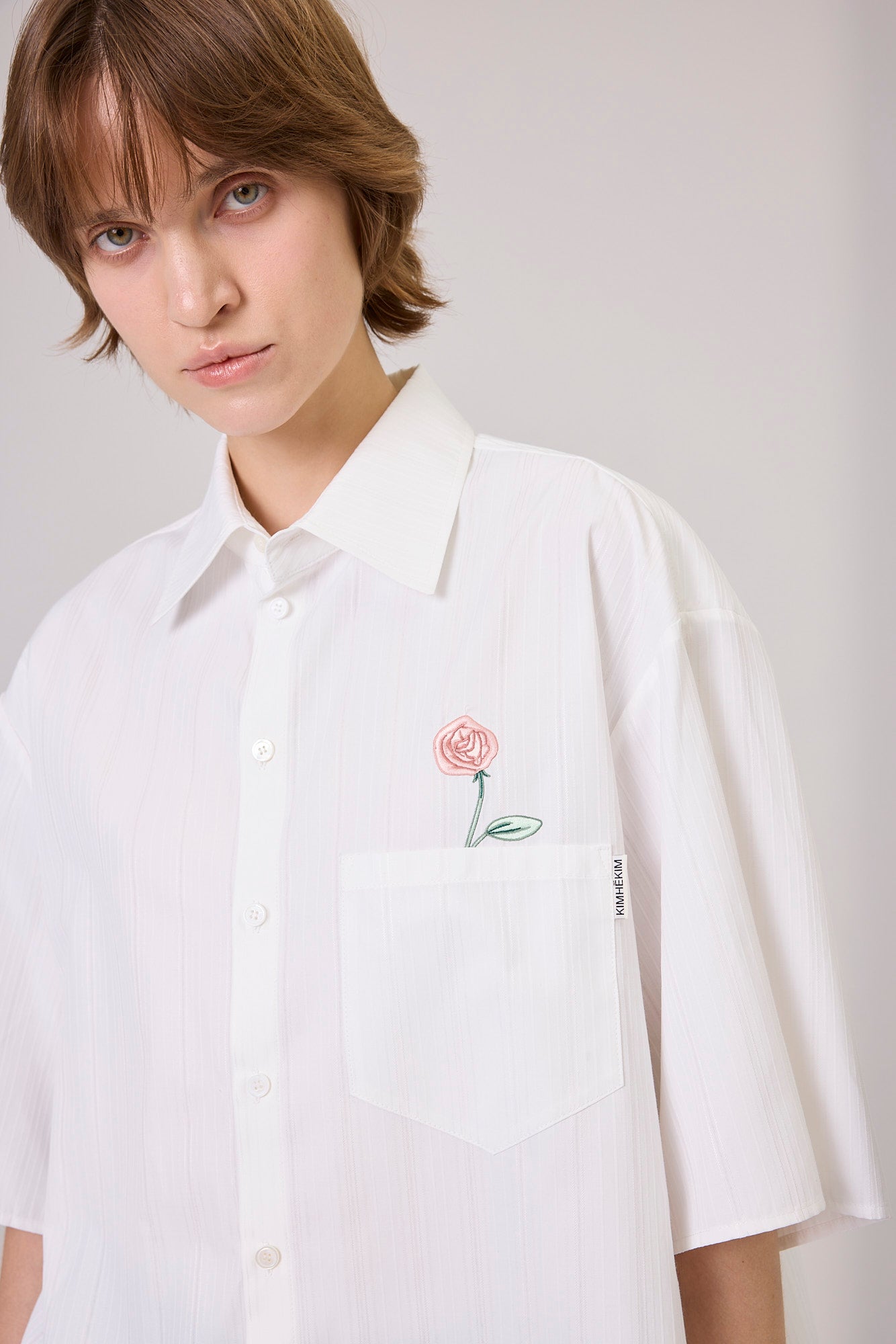 Kimhe Kim - Rose Embroidered Striped Short Sleeve Shirt (White) product image 6 | TRAB K-Fashion Australia