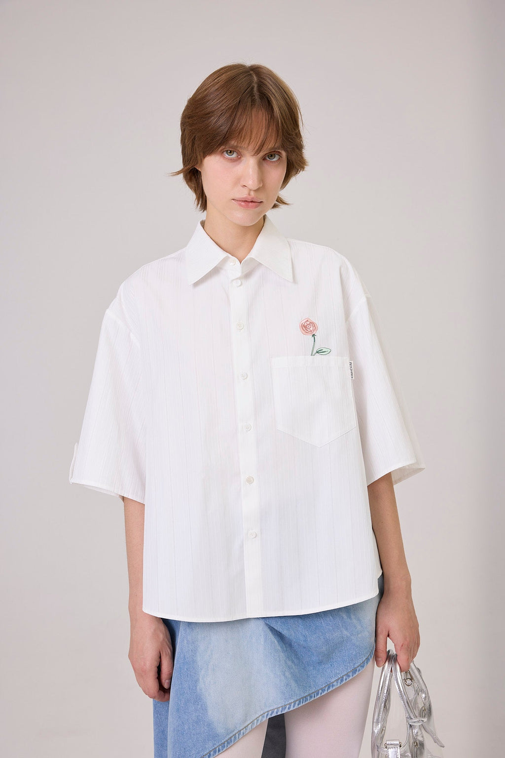 Kimhe Kim - Rose Embroidered Striped Short Sleeve Shirt (White) product image 5 | TRAB K-Fashion Australia