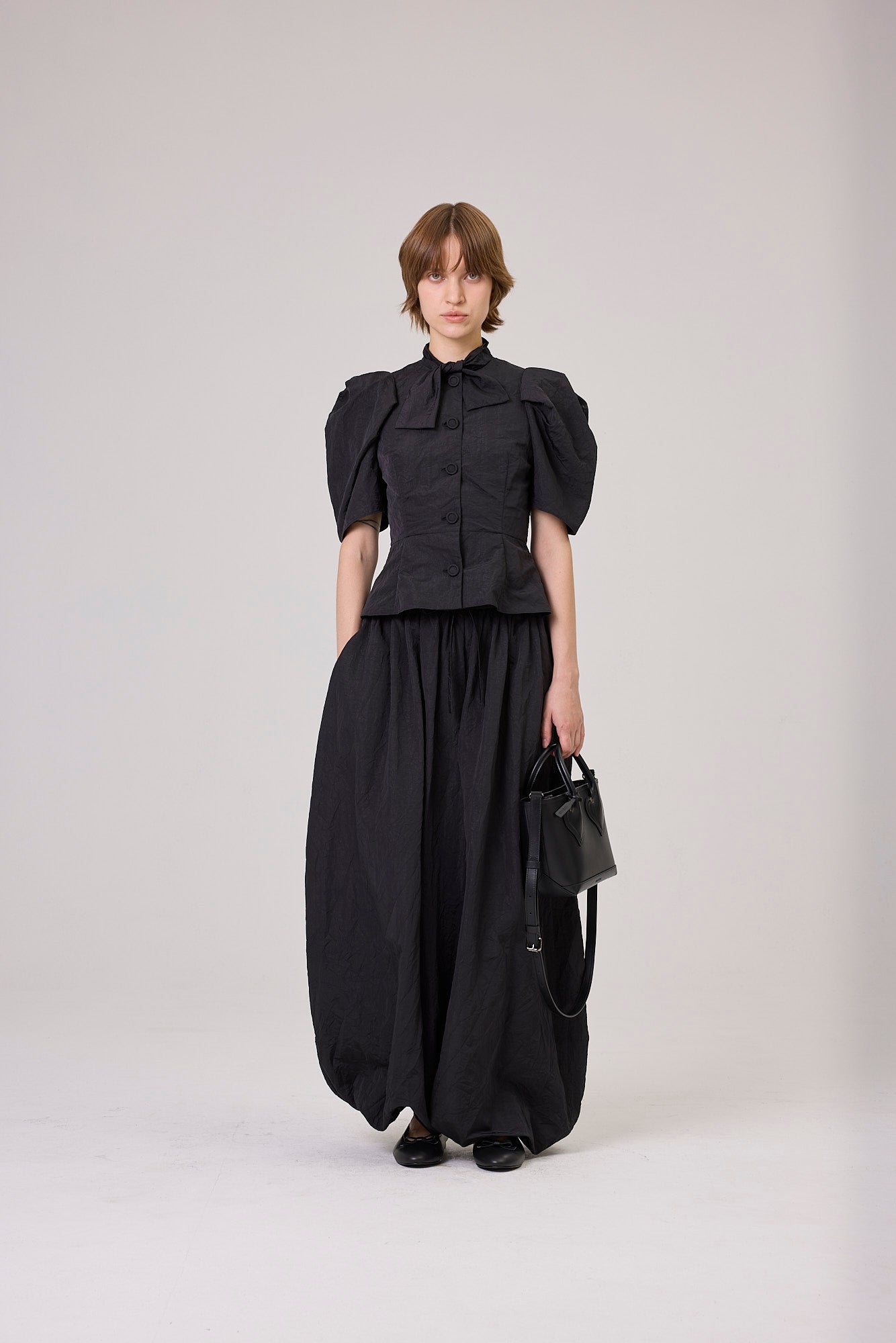 Kimhe Kim - Scarf Puff Sleeve Shirt (Black) product image 1 | TRAB K-Fashion Australia