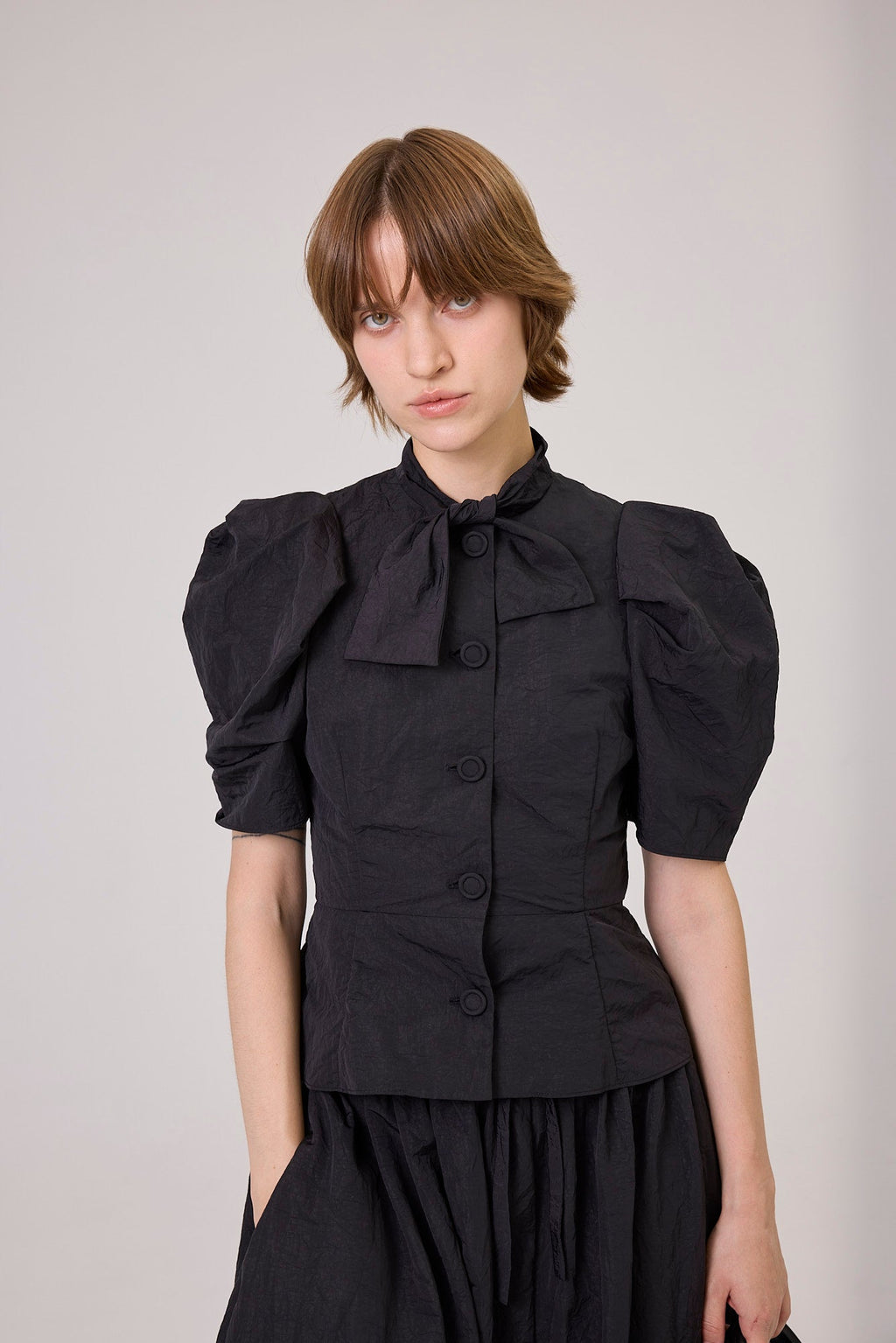 Kimhe Kim - Scarf Puff Sleeve Shirt (Black) product image 4 | TRAB K-Fashion Australia