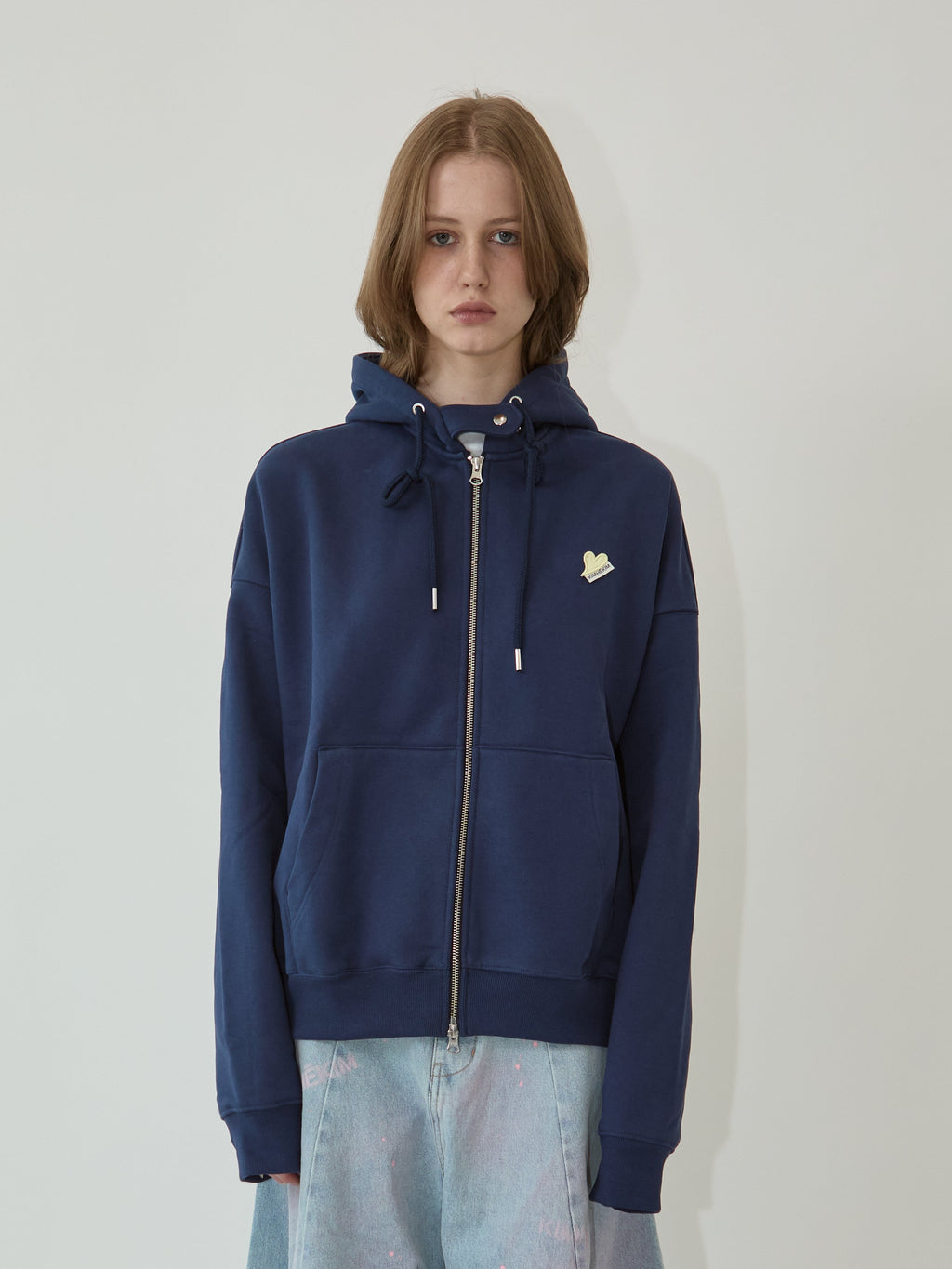 Kimhe Kim - Mini Heart Patch Zip-Up Hoodie (Navy/Yellow) product image 4 | TRAB K-Fashion Australia