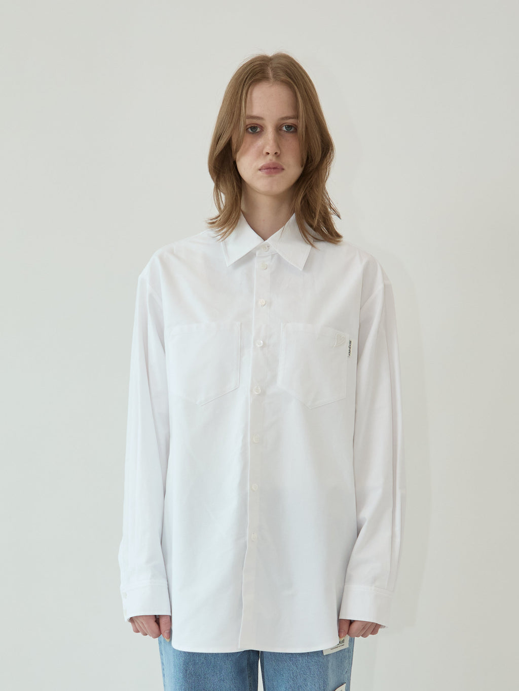Kimhe Kim - Mini Heart Patch Double Pockets Shirt (White) product image 1 | TRAB K-Fashion Australia