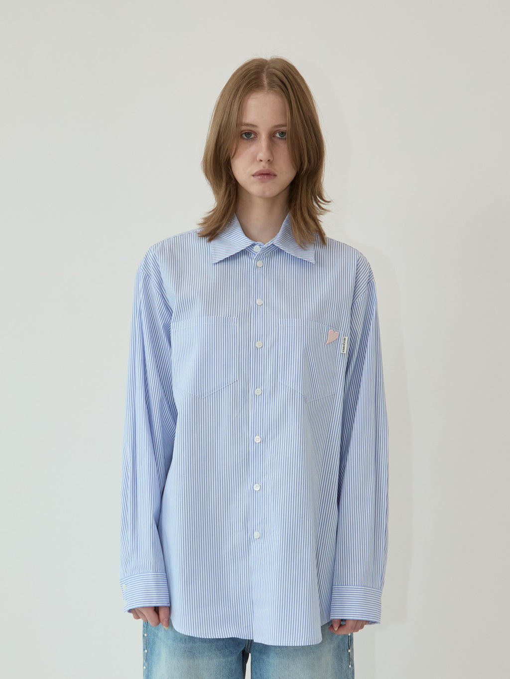 Kimhe Kim - Mini Heart Patch Double Pockets Shirt (Sky Blue/Pink) product image 1 | TRAB K-Fashion Australia