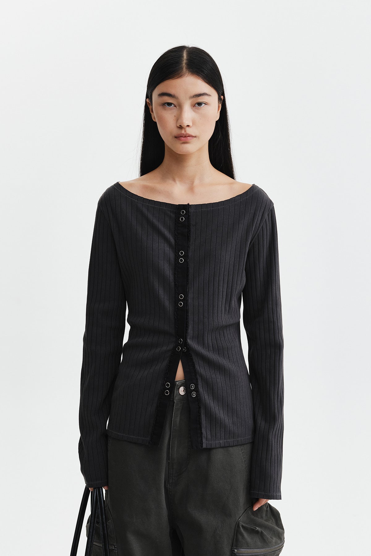 Matin Kim - Vintage Washed Ribbed Snap Top (Black) product image 6 | TRAB K-Fashion Australia