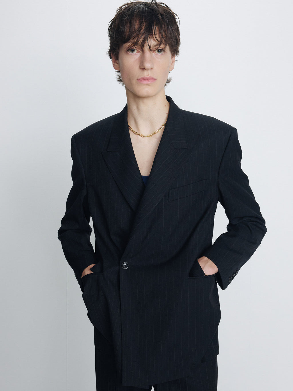 Tonywack - Pinstriped Wool Tailored Wrap Blazer (Black Pinstripe) product image 4 | TRAB K-Fashion Australia