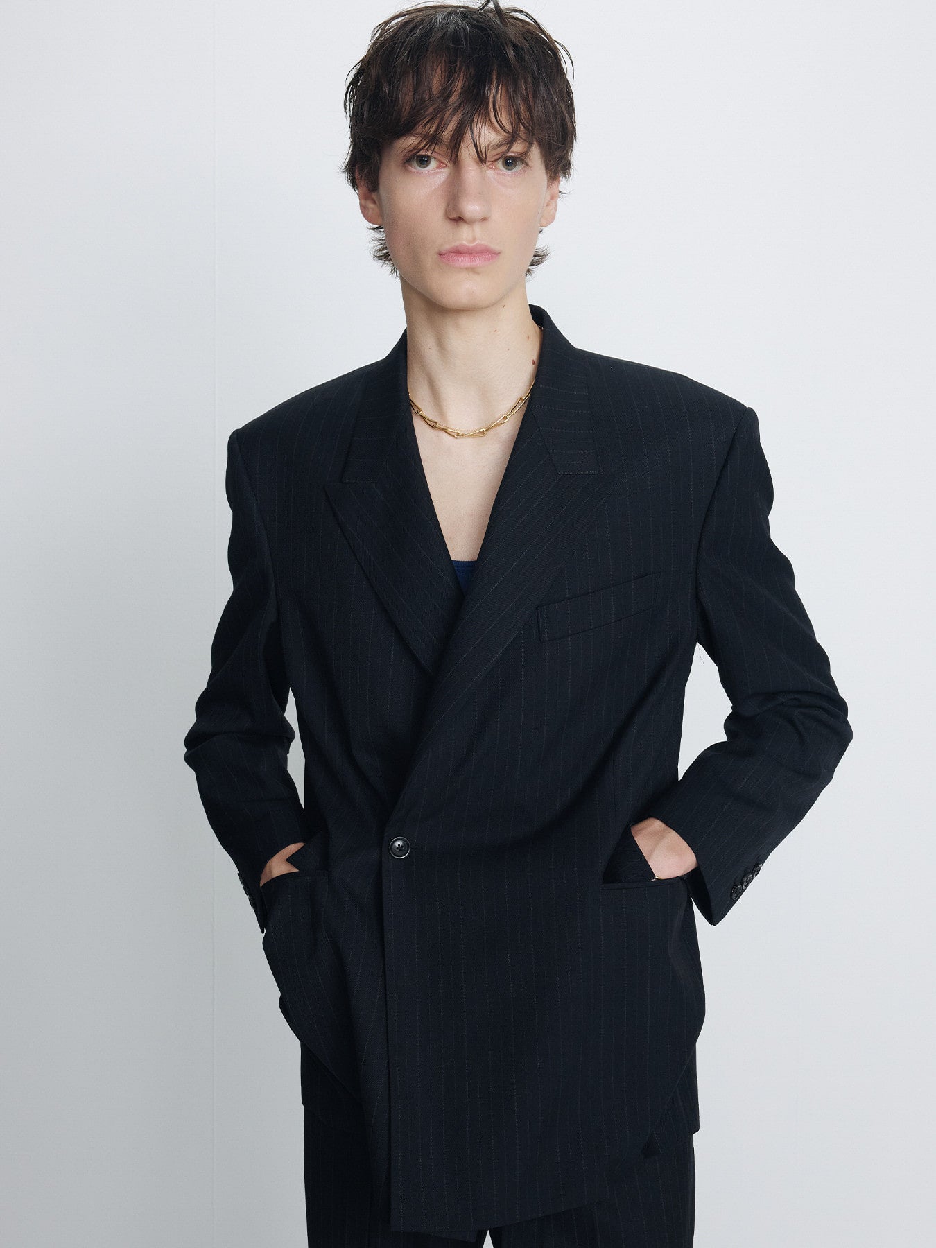 Tonywack - Pinstriped Wool Tailored Wrap Blazer (Black Pinstripe) product image 4 | TRAB K-Fashion Australia