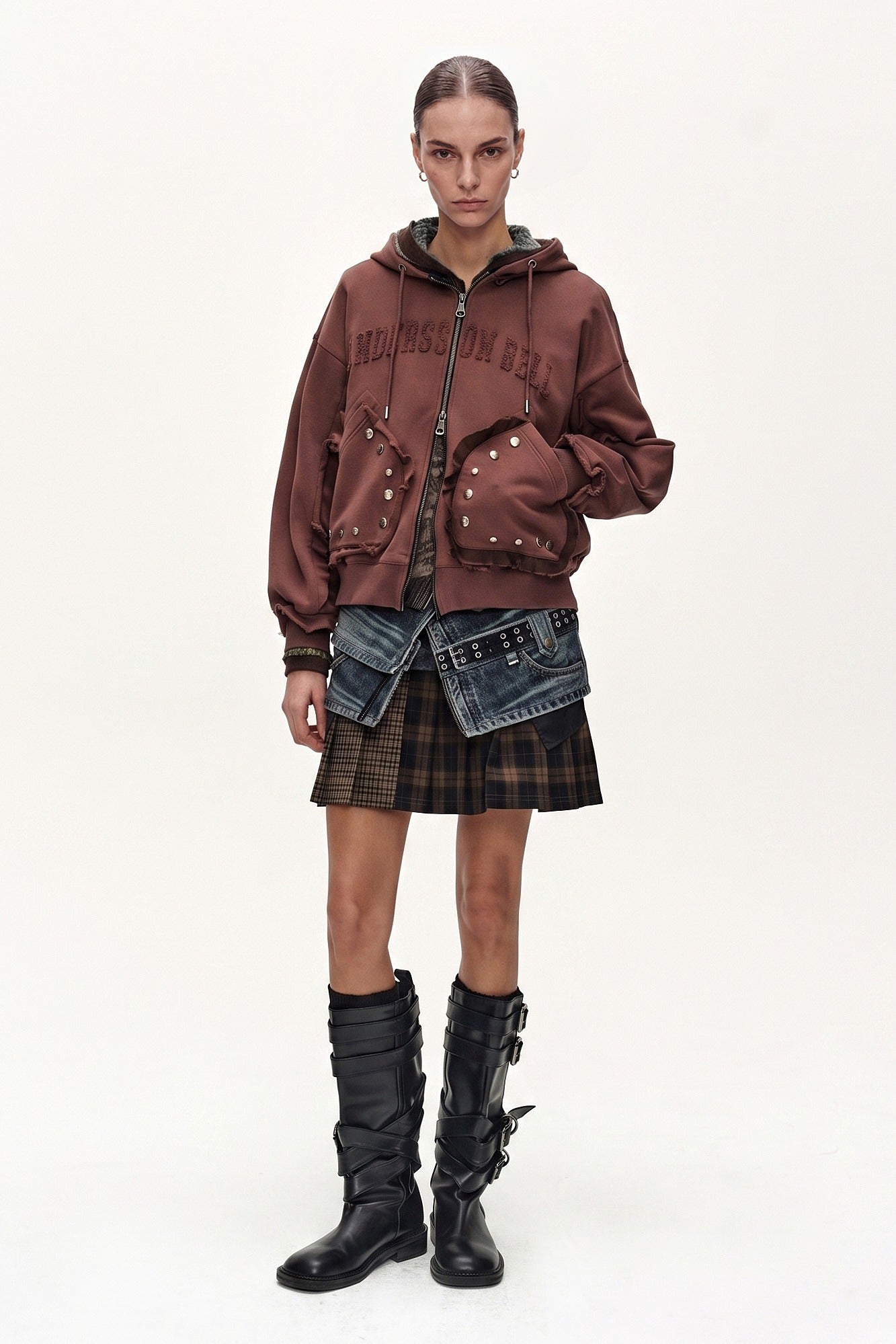 Andersson Bell - Raw-Cut Studded Zip-Up Hoodie (brick) (Brick) product image 1 | TRAB K-Fashion Australia