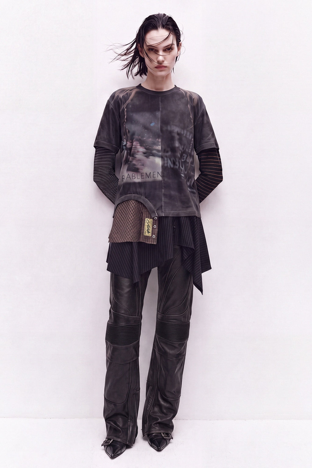 Andersson Bell - Mixed Stripe Sleeve Layered Top (Charcoal) product image 1 | TRAB K-Fashion Australia
