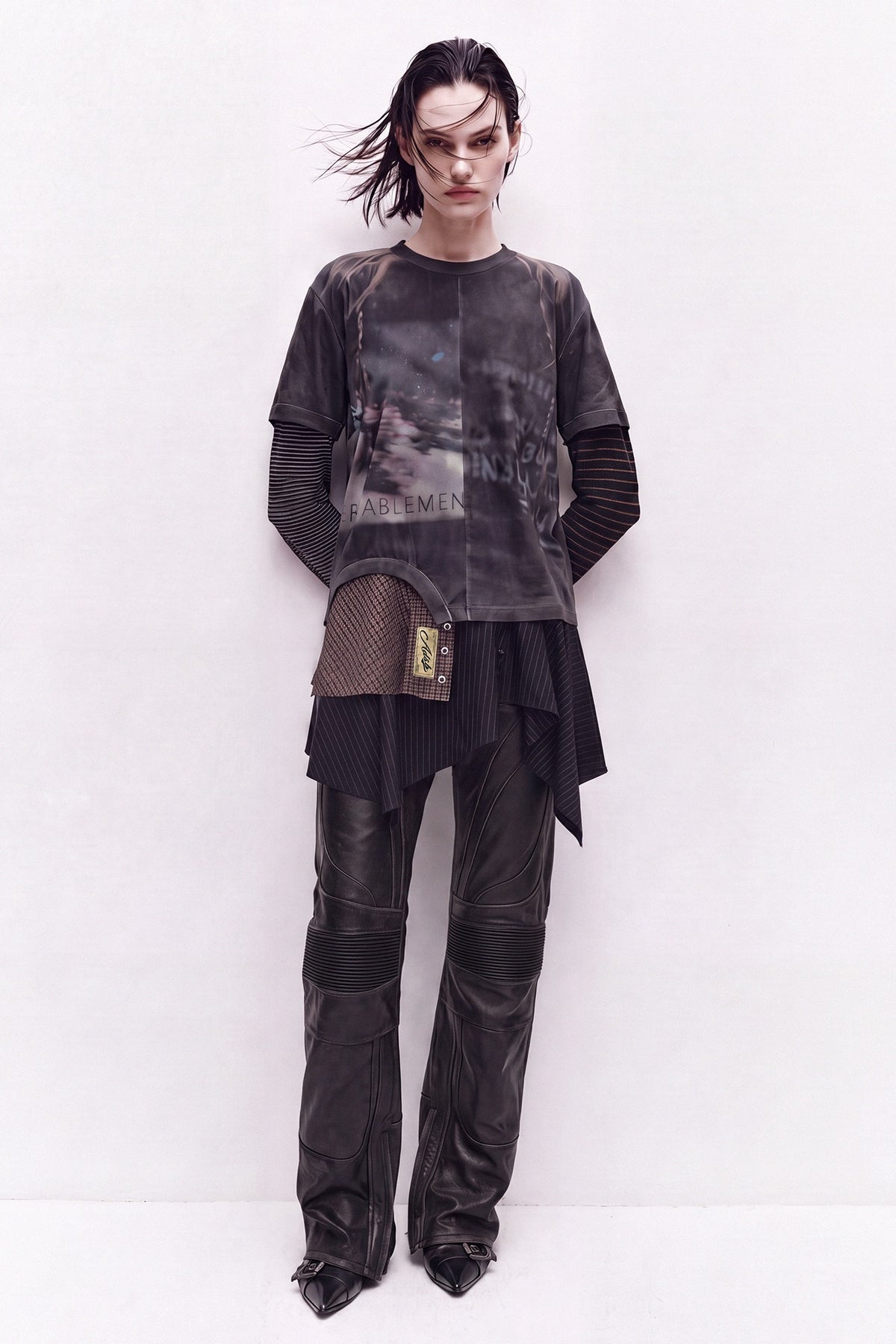 Andersson Bell - Mixed Stripe Sleeve Layered Top (Charcoal) product image 1 | TRAB K-Fashion Australia