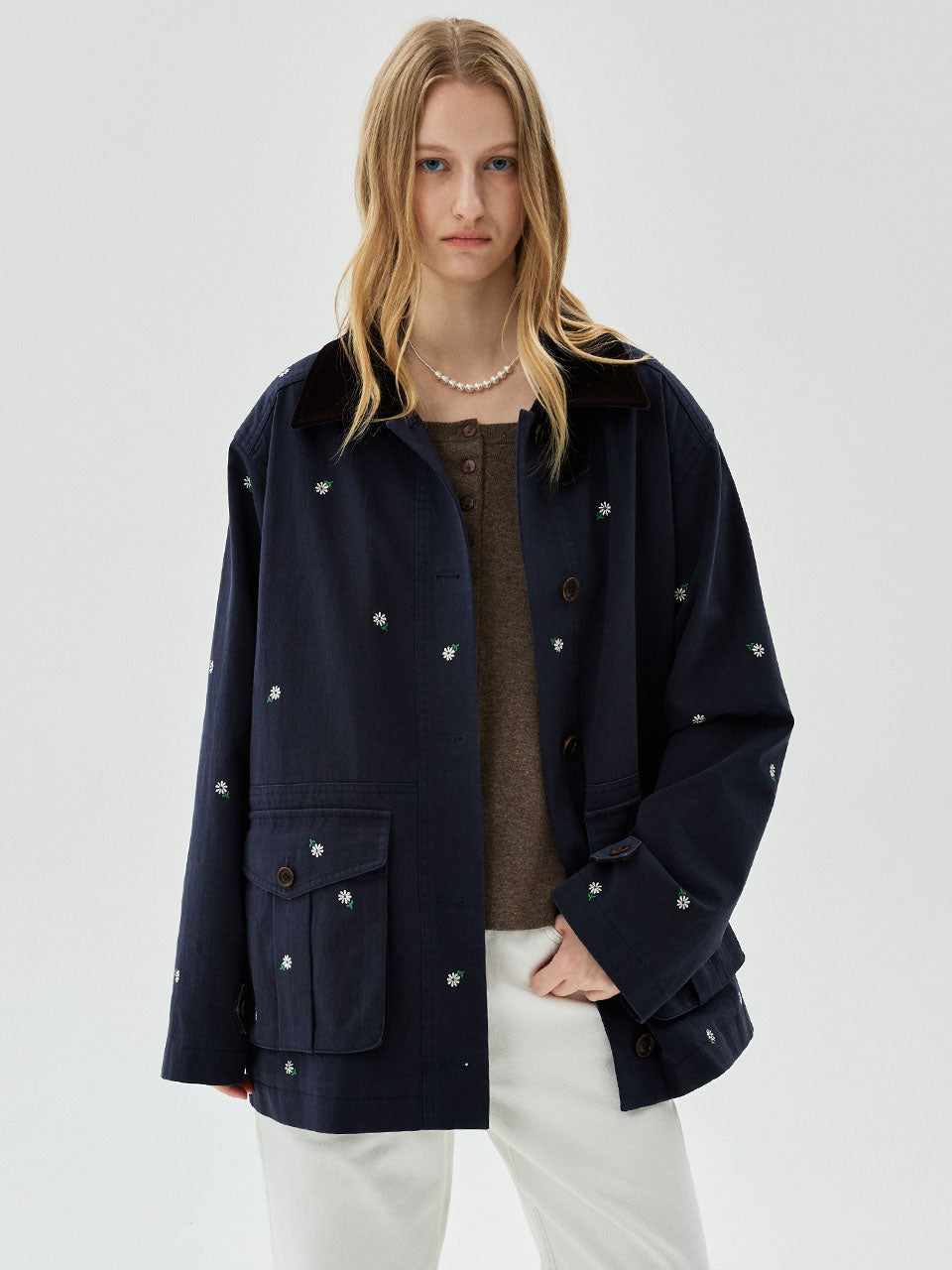 Mardi Mercredi - [Pre-Order – Ships September 30] Cotton Work Jacket Floral Embroidery (Navy) product image 1 | TRAB K-Fashion Australia
