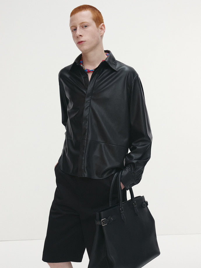 Tonywack - Faux Leather Hidden Button Shirt Italian Fabric (Black) product image 1 | TRAB K-Fashion Australia
