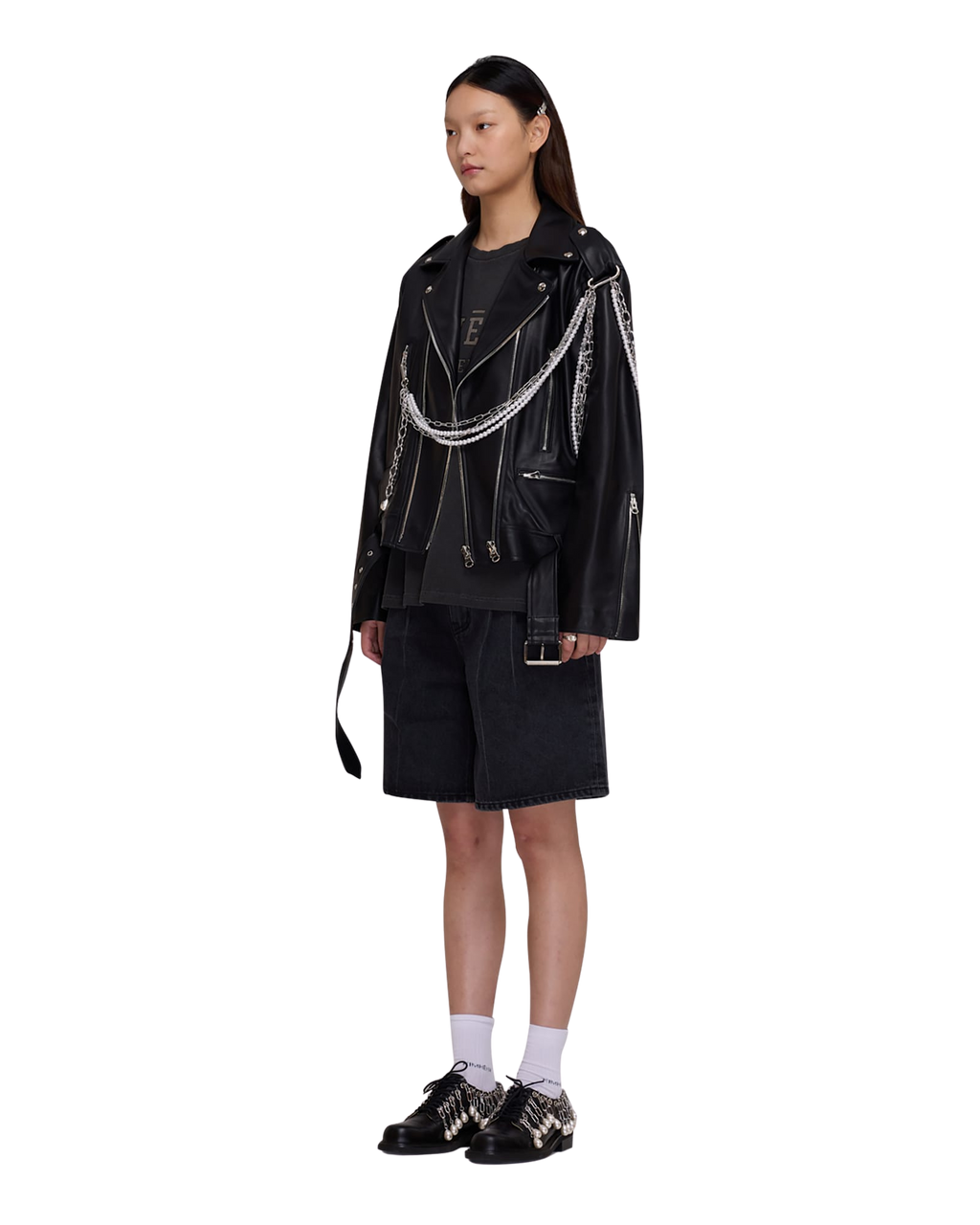 Kimhe Kim - Detachable Pearl Chain Leather Jacket (Black) product image 2 | TRAB K-Fashion Australia