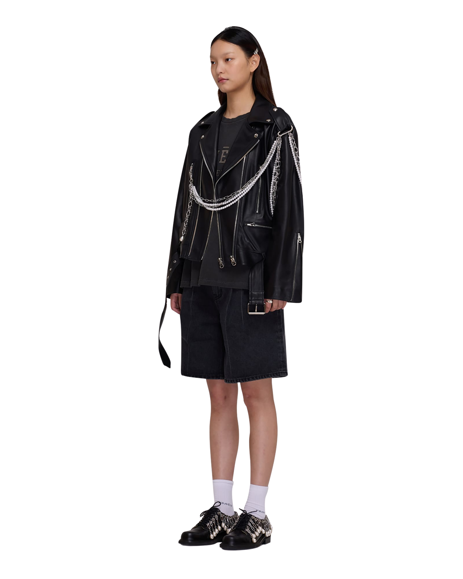 Kimhe Kim - Detachable Pearl Chain Leather Jacket (Black) product image 2 | TRAB K-Fashion Australia