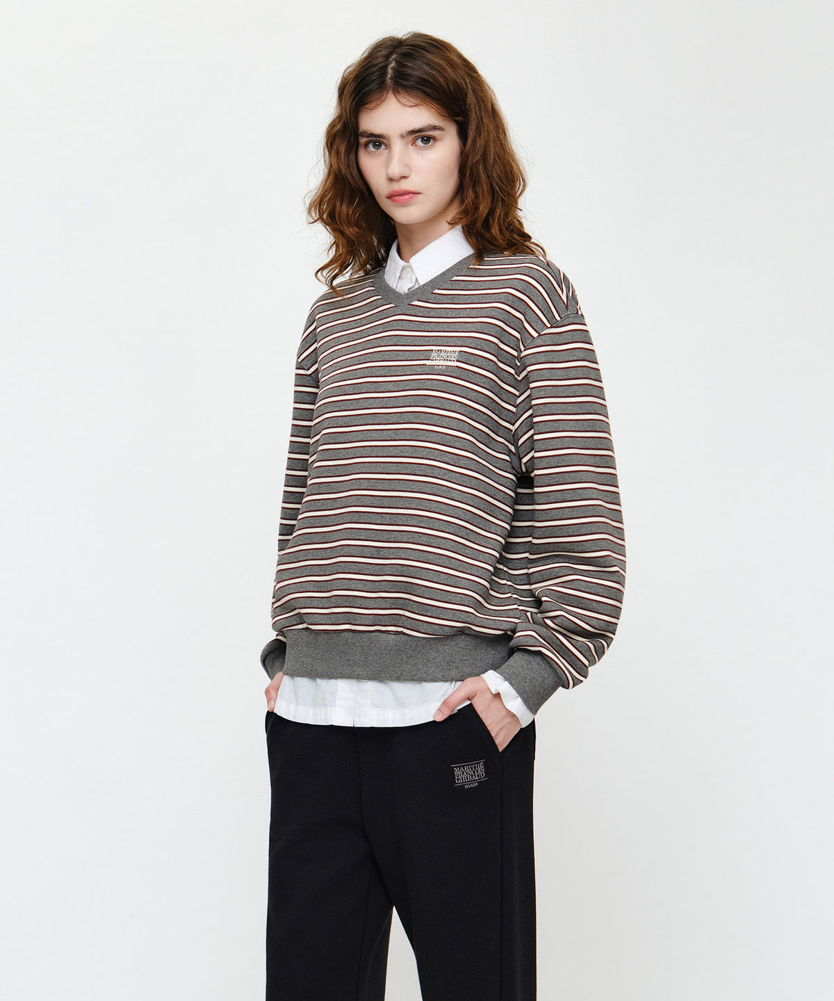 Marithe & Francois Girbaud - Small Classic Logo V Neck Balloon Sweatshirt (Stripe) product image 2 | TRAB K-Fashion Australia