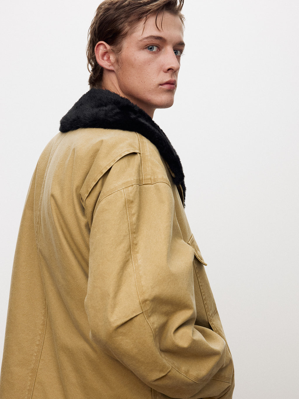 Tonywack - Fur Trimmed Garment Washed Chore Jacket (Beige) product image 5 | TRAB K-Fashion Australia