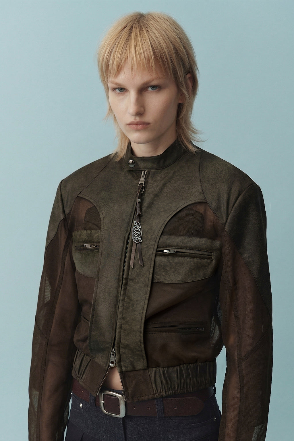Andersson Bell - Kelly Faux-Leather & Sheer Rider Jacket (Khaki) product image 2 | TRAB K-Fashion Australia