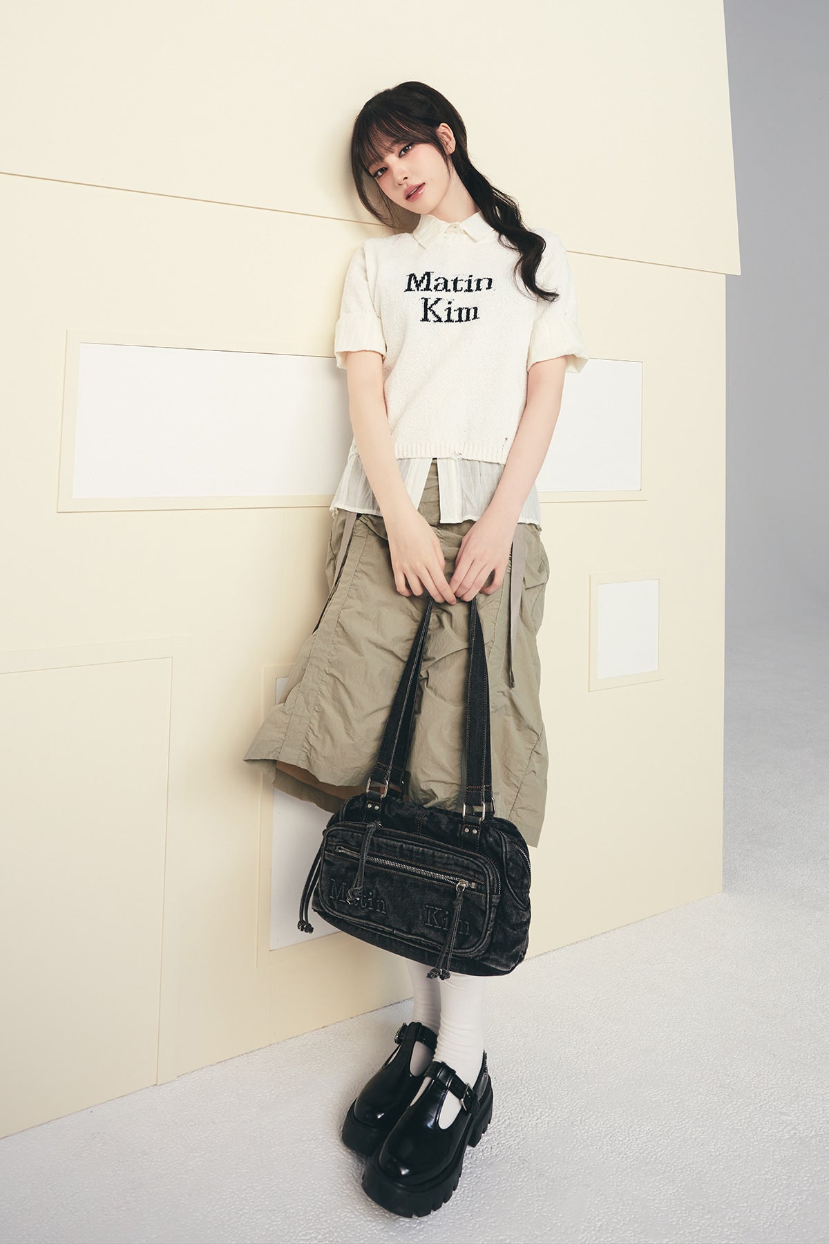 Matin Kim - Nylon Shirring Midi Skirt (Light Khaki) product image 1 | TRAB K-Fashion Australia