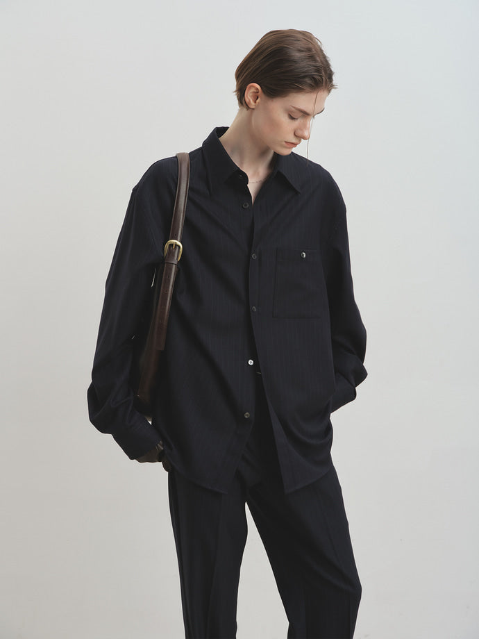 Tonywack - Wool Striped Relaxed Shirt (Navy Pinstripe) product image 5 | TRAB K-Fashion Australia