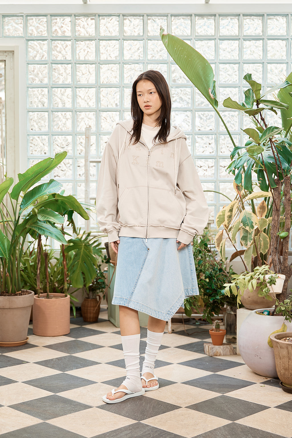Matin Kim - Applique Cutted Logo Hoody Zip Up (Beige) product image 9 | TRAB K-Fashion Australia