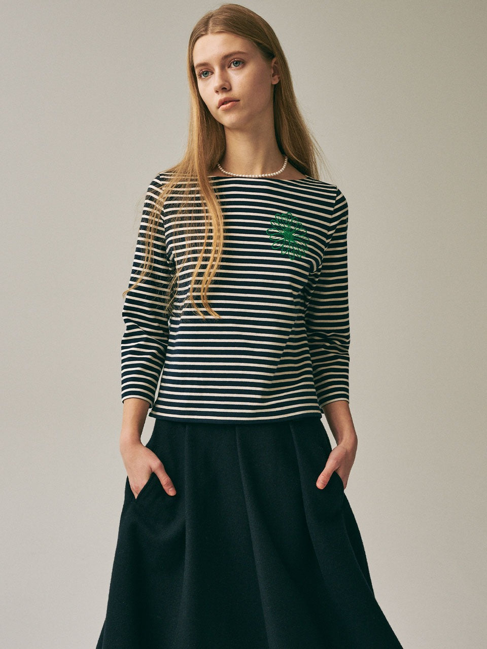 Mardi Mercredi - Slim Tshirt 3/4 Sleeve Stripe (Navy Green) product image 1 | TRAB K-Fashion Australia
