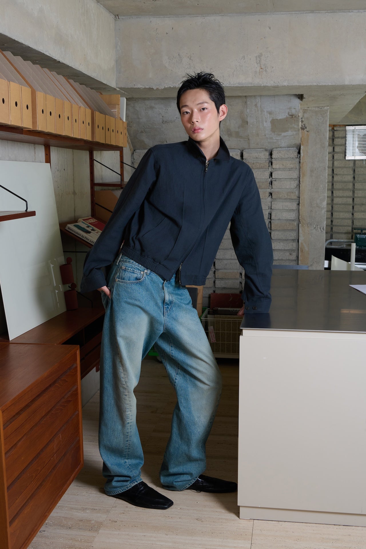 STU - Twist Curved Denim Pants (Mid Blue) product image 3 | TRAB K-Fashion Australia