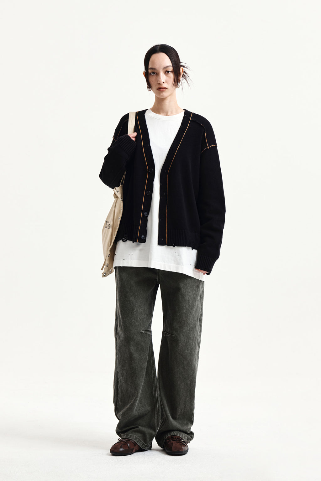 Matin Kim - Back Logo Line Point Knit Cardigan (Black) product image 9 | TRAB K-Fashion Australia