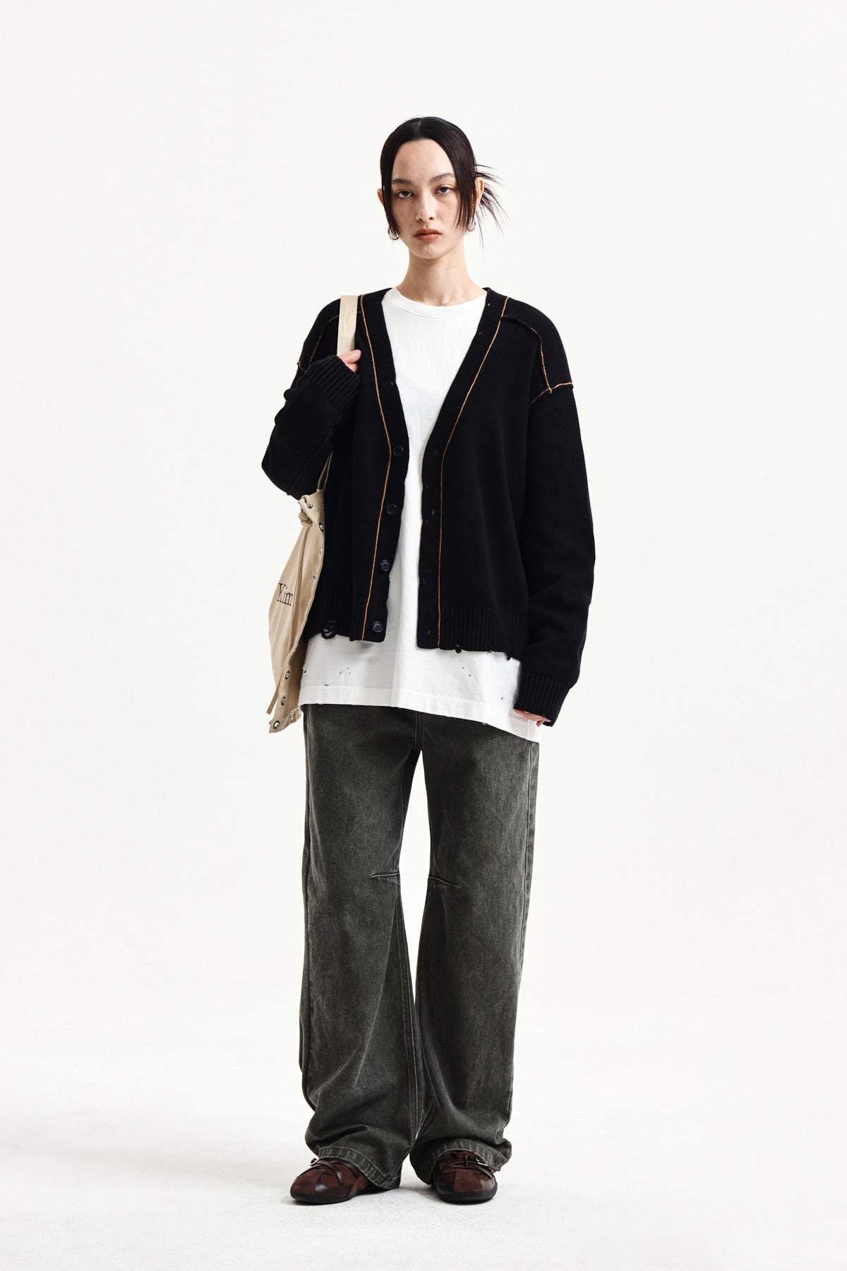 Matin Kim - Back Logo Line Point Knit Cardigan (Black) product image 9 | TRAB K-Fashion Australia