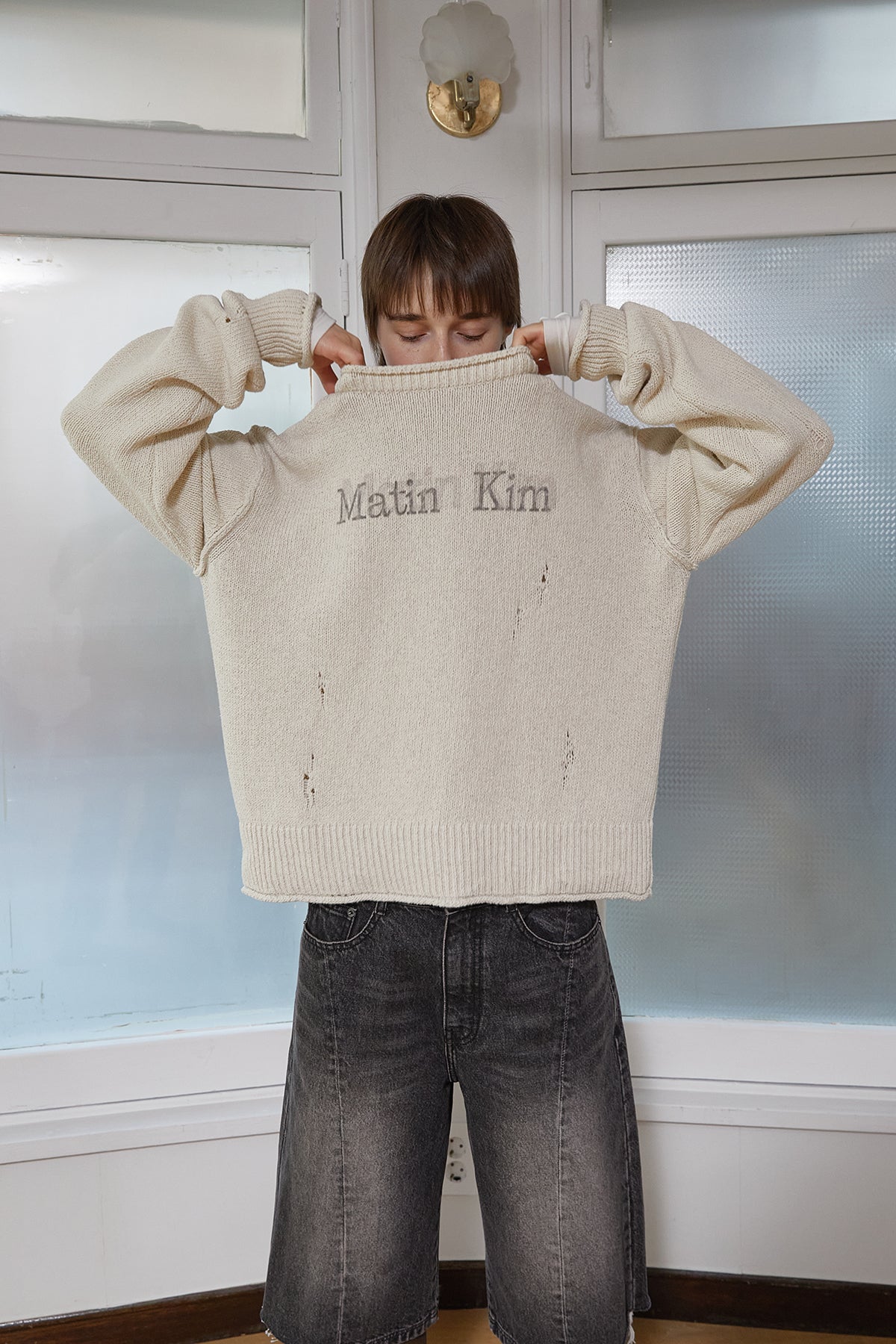 Matin Kim - Crack Logo Vintage Knit Pullover (Beige) product image 10 | TRAB K-Fashion Australia