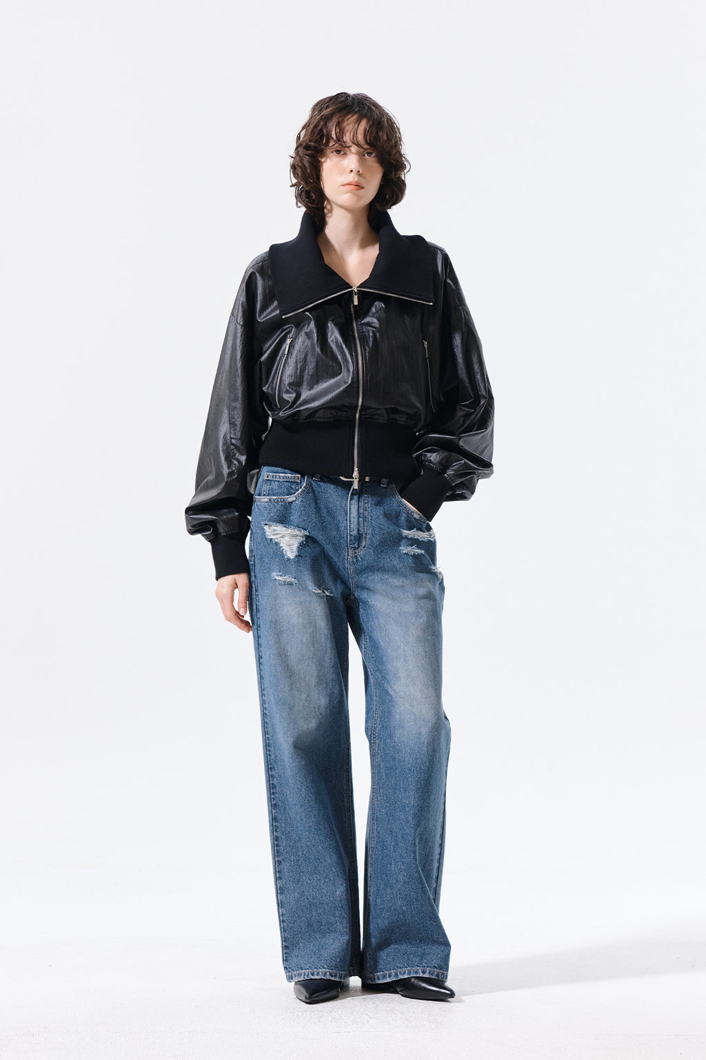 Matin Kim - Shine Crinkle Zip Blouson (Black) product image 8 | TRAB K-Fashion Australia