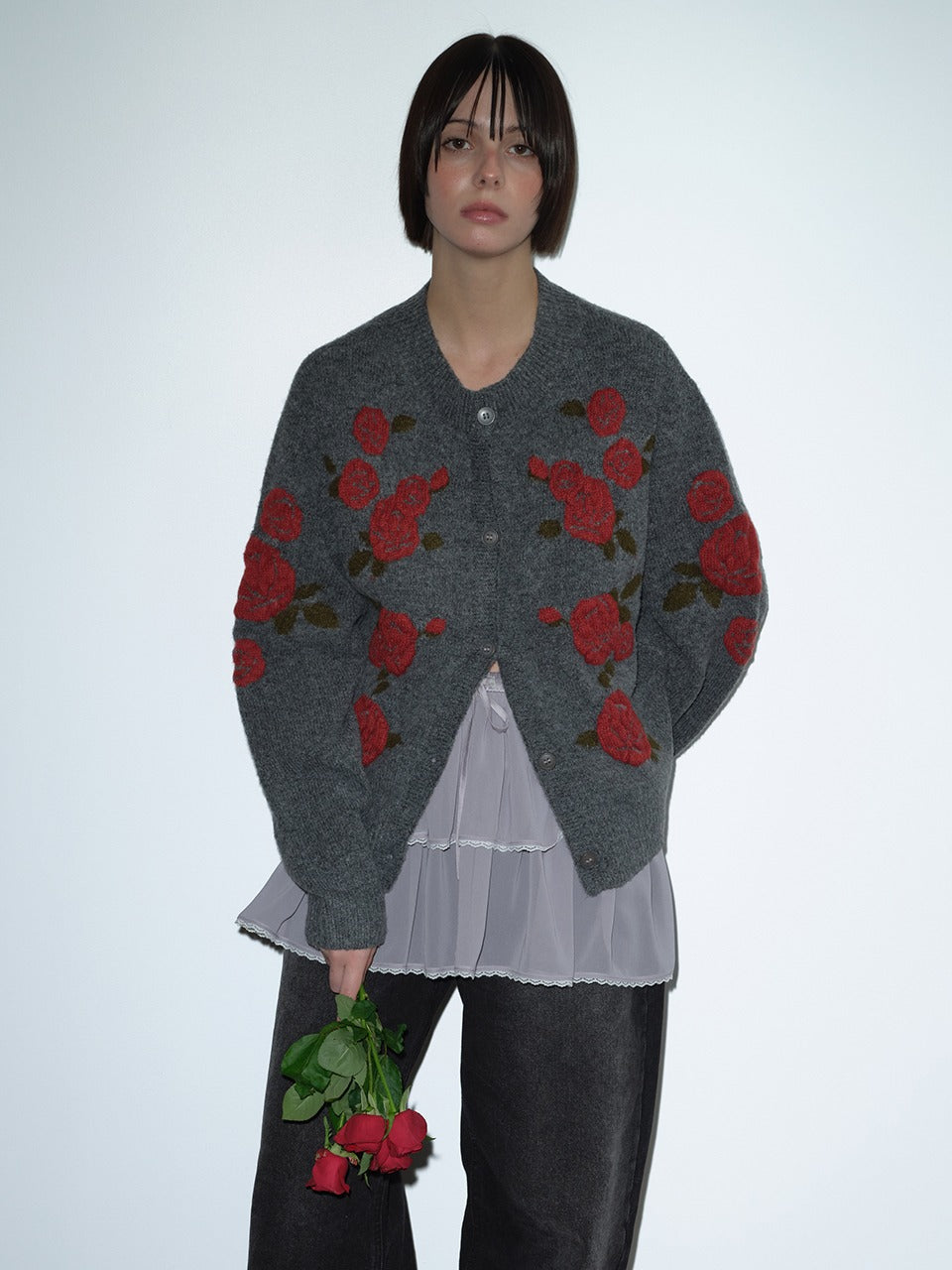 Margarin Fingers - [pre-Order – Ships October 30] Rose Jacquard Cardigan (Grey) product image 1 | TRAB K-Fashion Australia