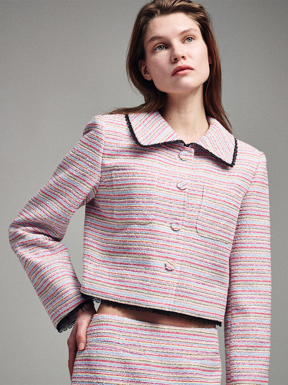 Mardi Mercredi - Spring Tweed Cropped Jacket Multicolor Lace (Pink) product image 1 | TRAB K-Fashion Australia