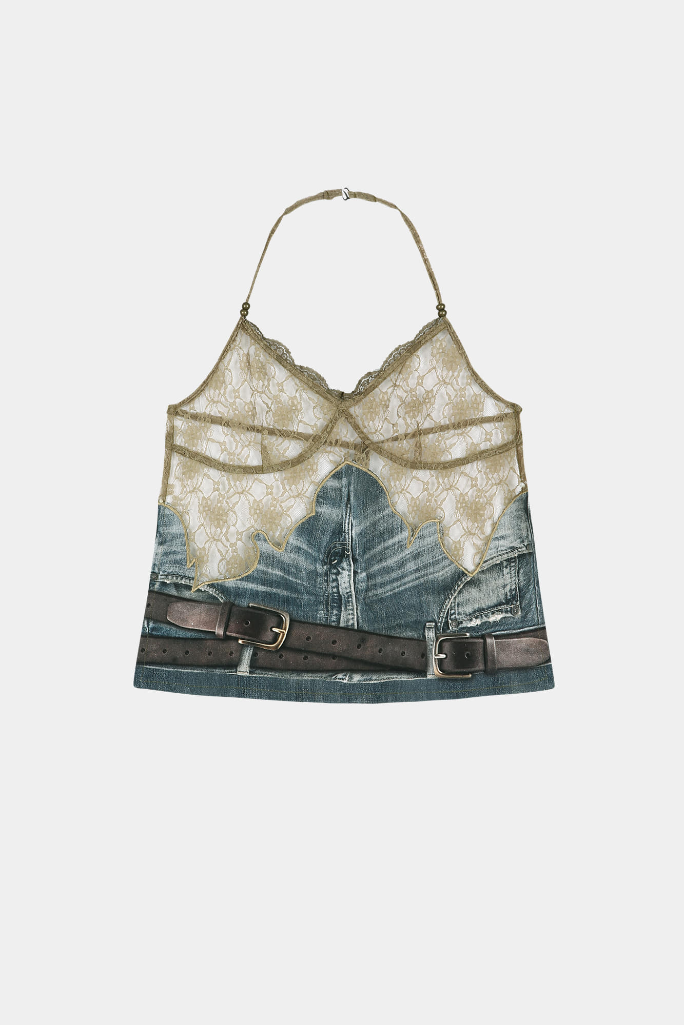 Andersson Bell - Belted Denim Printed Lace Bustier (Mid Blue/Khaki) product image 9 | TRAB K-Fashion Australia