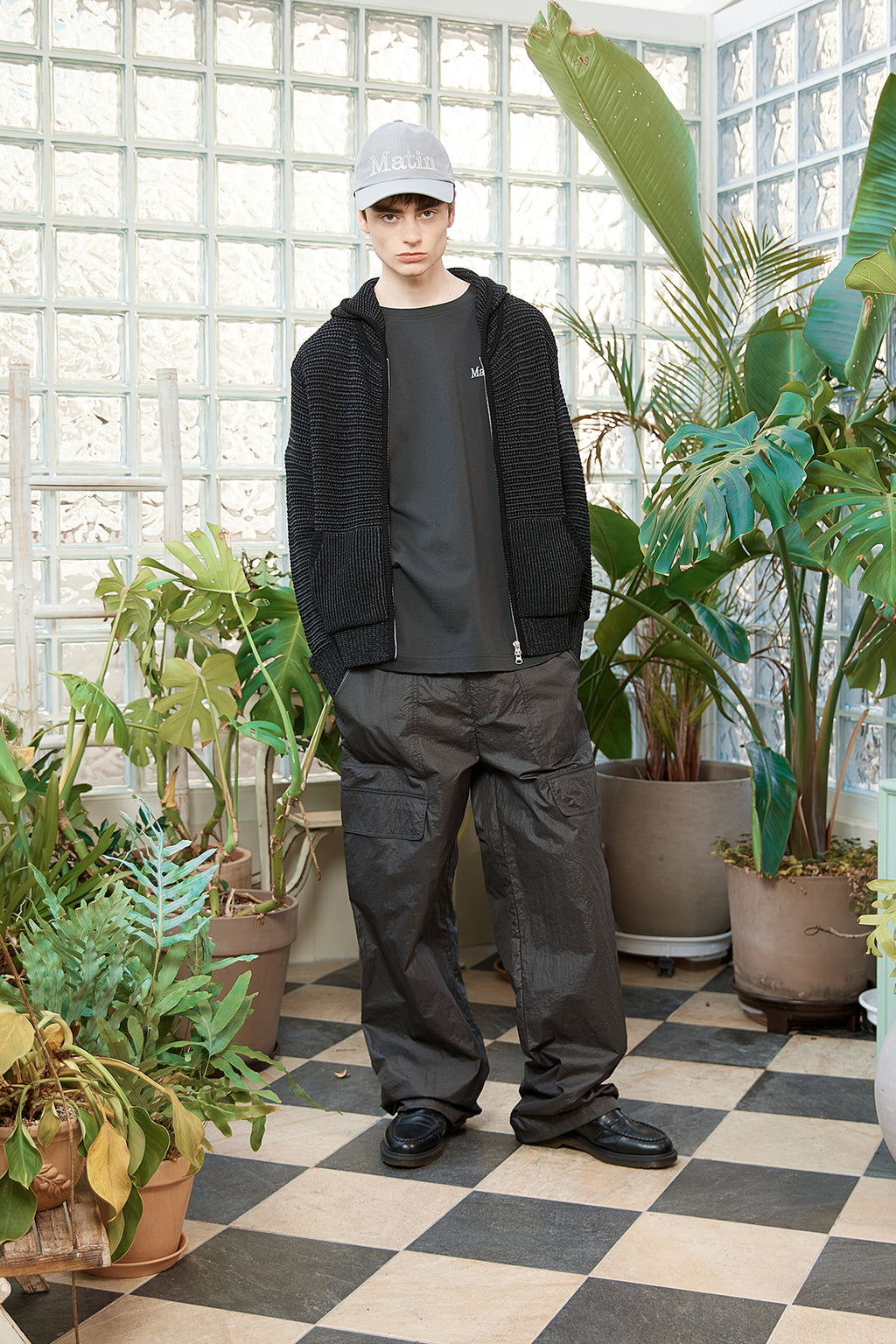Matin Kim - Two Tone Mesh Knit Hoody Zip Up (Black) product image 14 | TRAB K-Fashion Australia