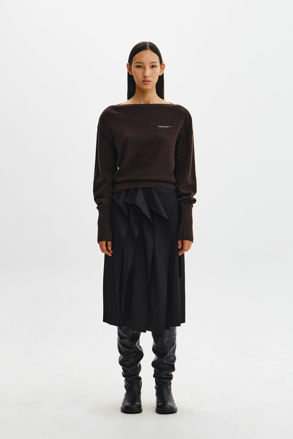 Matin Kim - Boat Neck Volume Sleeve Knit Pullover (Brown) product image 7 | TRAB K-Fashion Australia