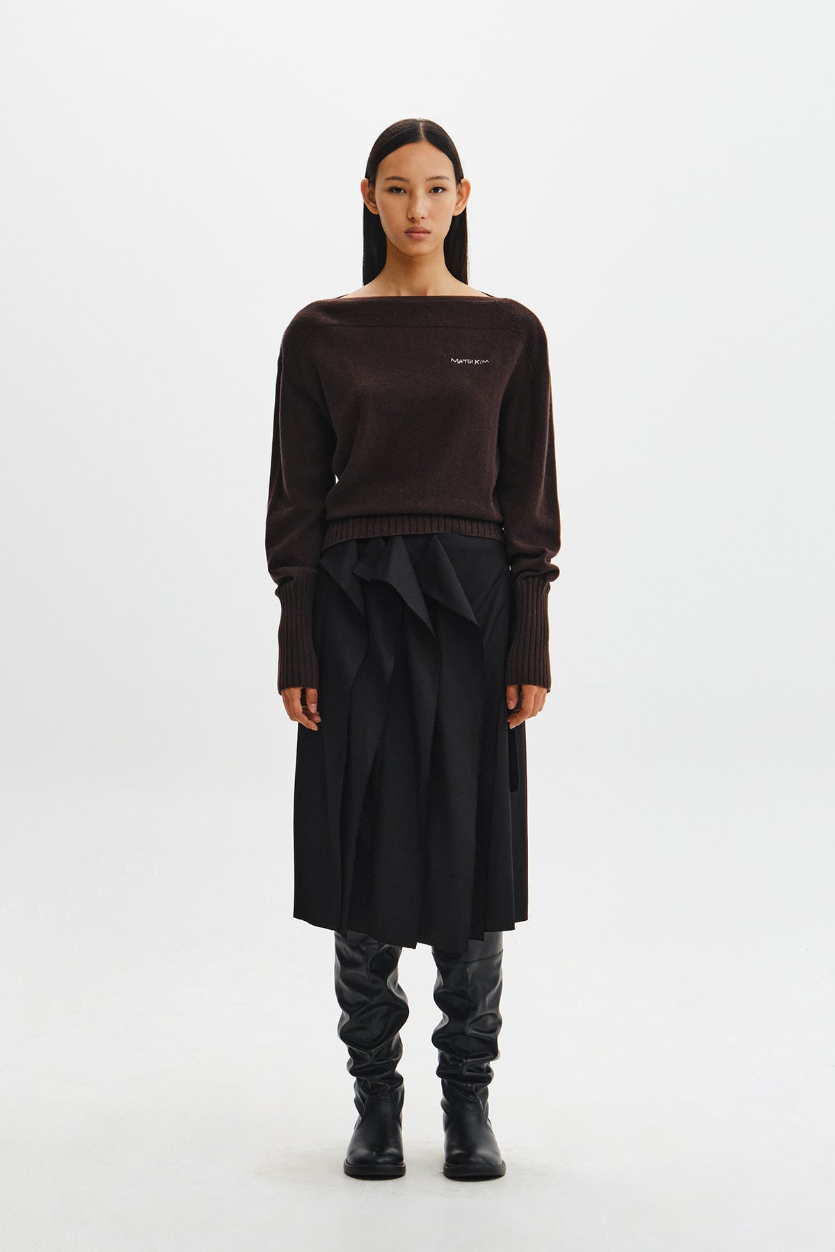 Matin Kim - Boat Neck Volume Sleeve Knit Pullover (Brown) product image 7 | TRAB K-Fashion Australia