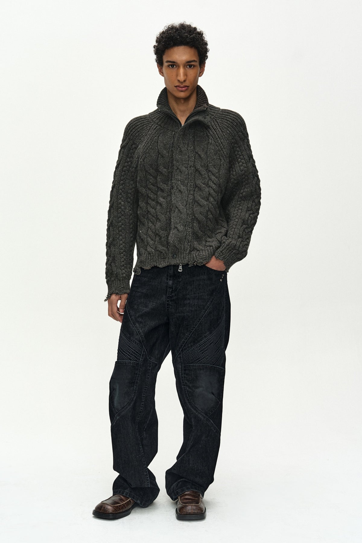 Andersson Bell - Fisherman Cable Zip-Up Sweater (Brown) product image 3 | TRAB K-Fashion Australia